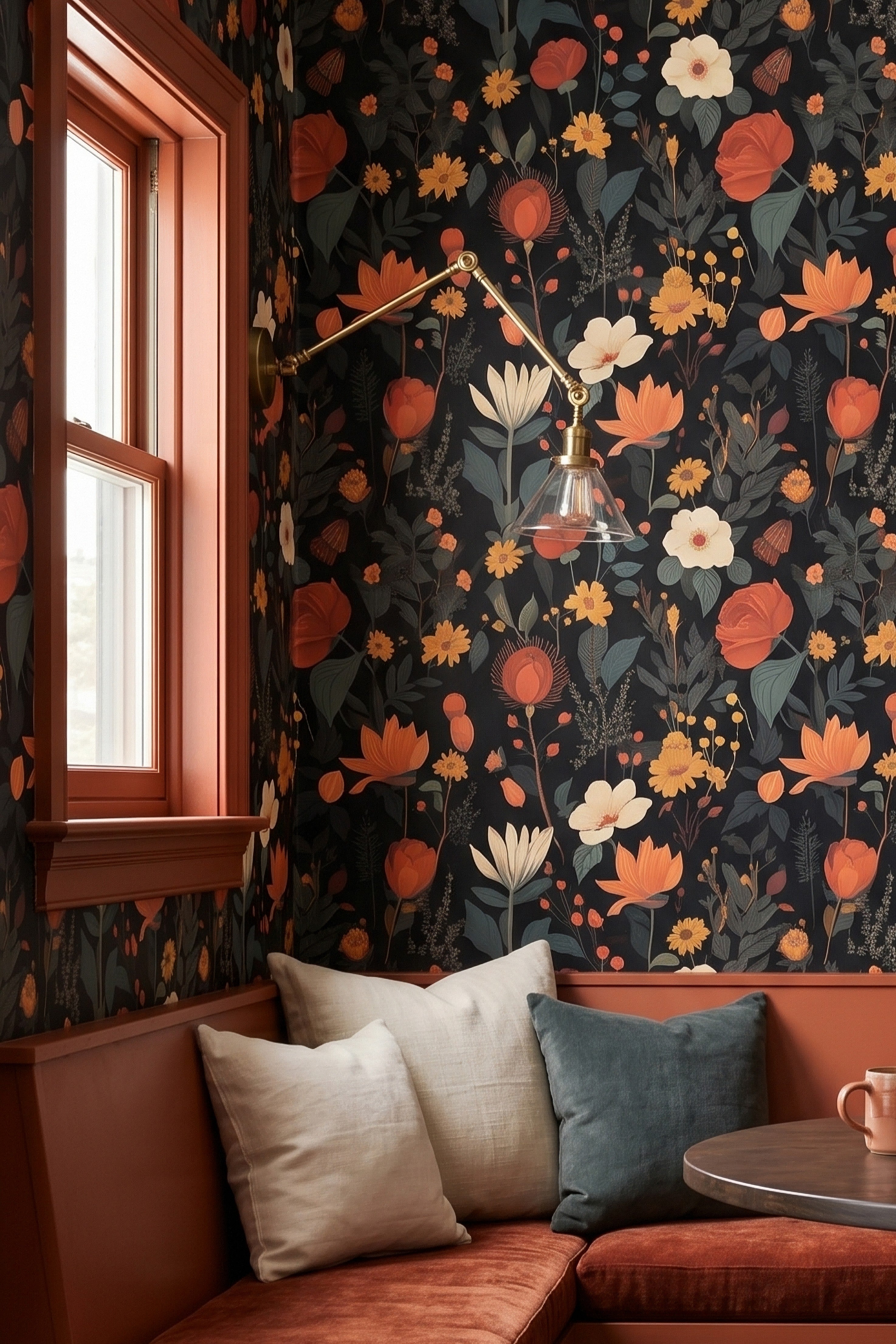 Midnight Bouquet wallpaper shown in a cozy nook