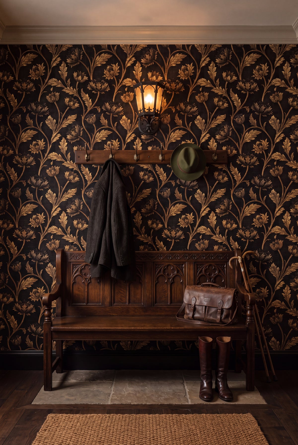Brass Poppy wallpaper shown in a mudroom