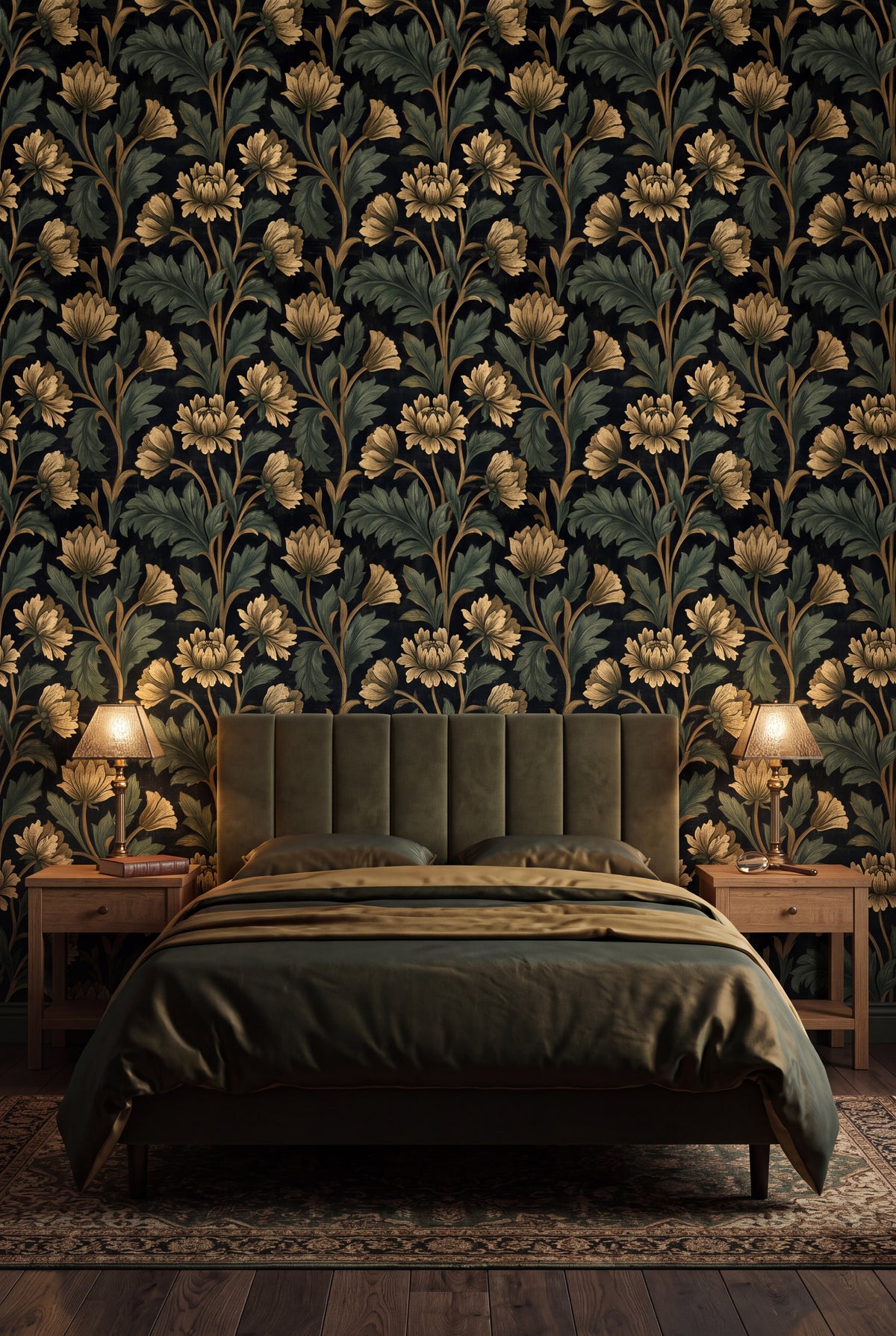 Chapel Green wallpaper shown in a bedroom