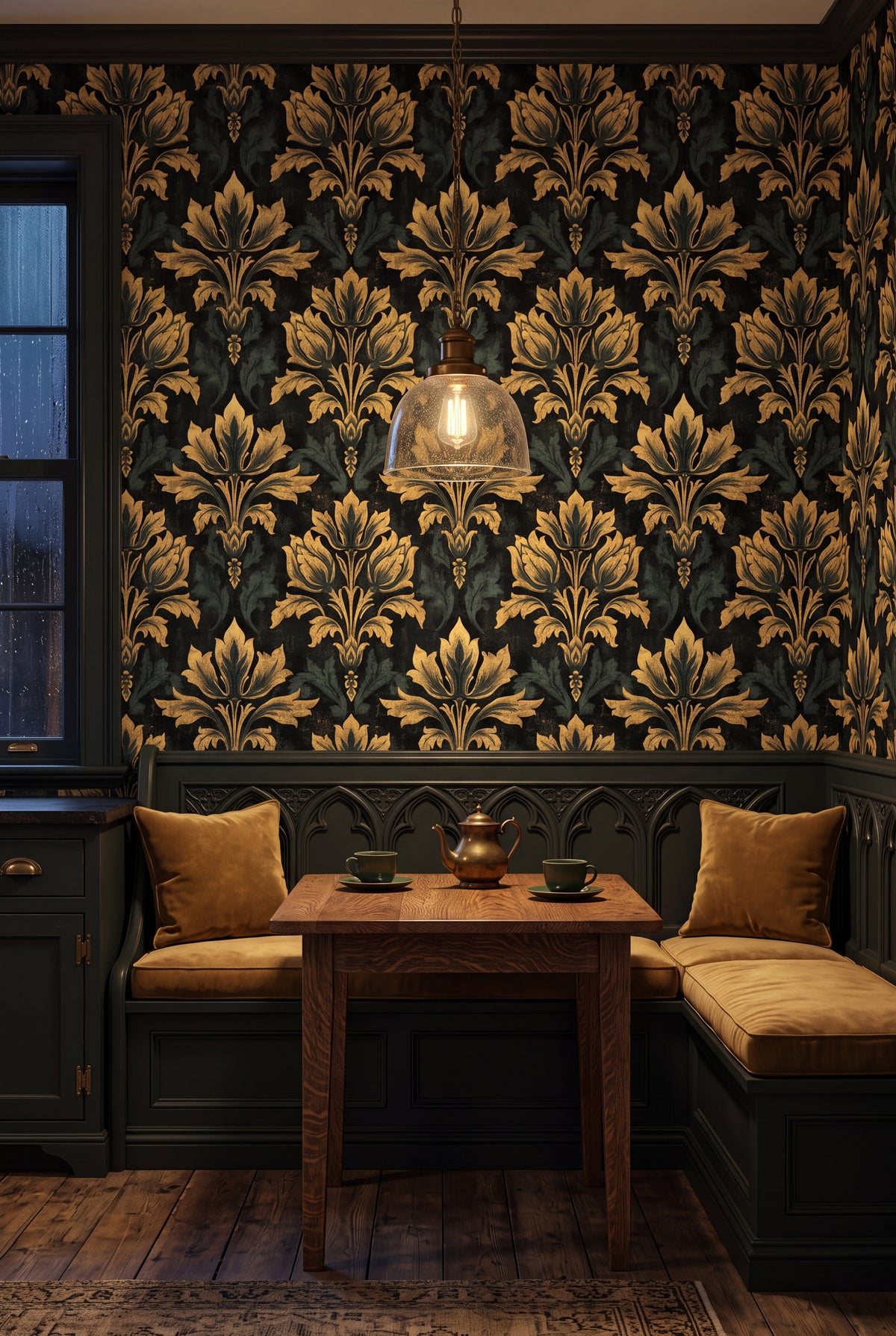 Abbey Gold wallpaper shown in a kitchen breakfast nook