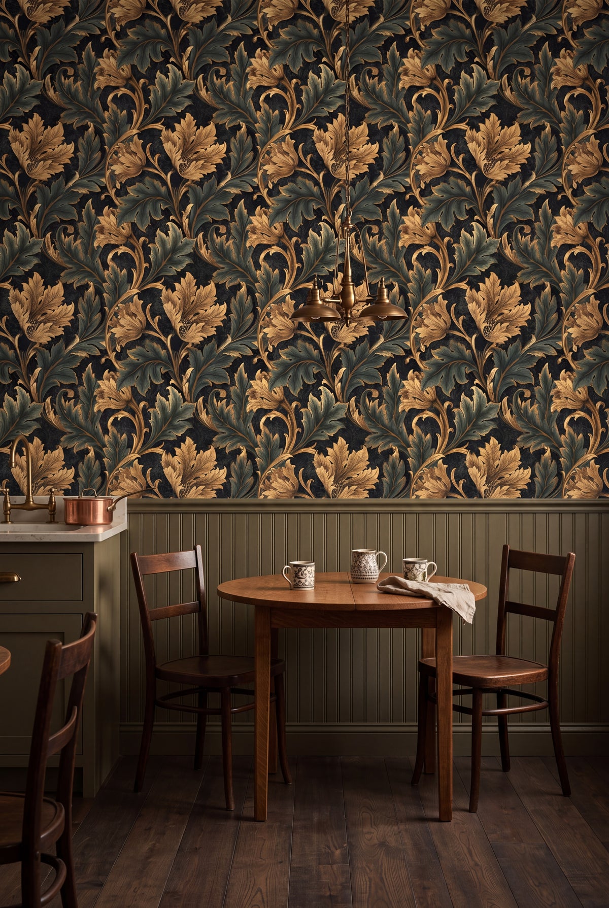 Verdant Choir wallpaper shown in a kitchen breakfast nook