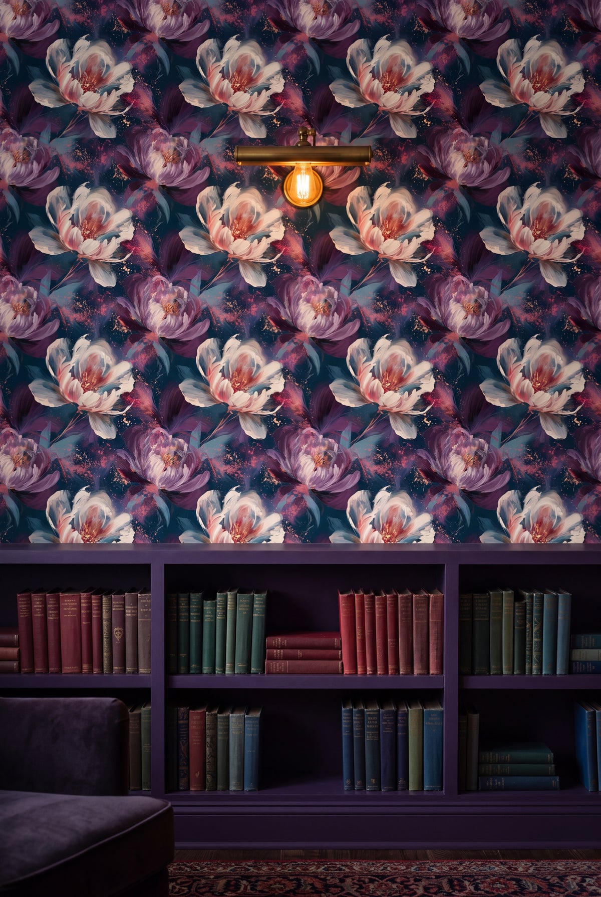 Nightfall Peony wallpaper shown in a library