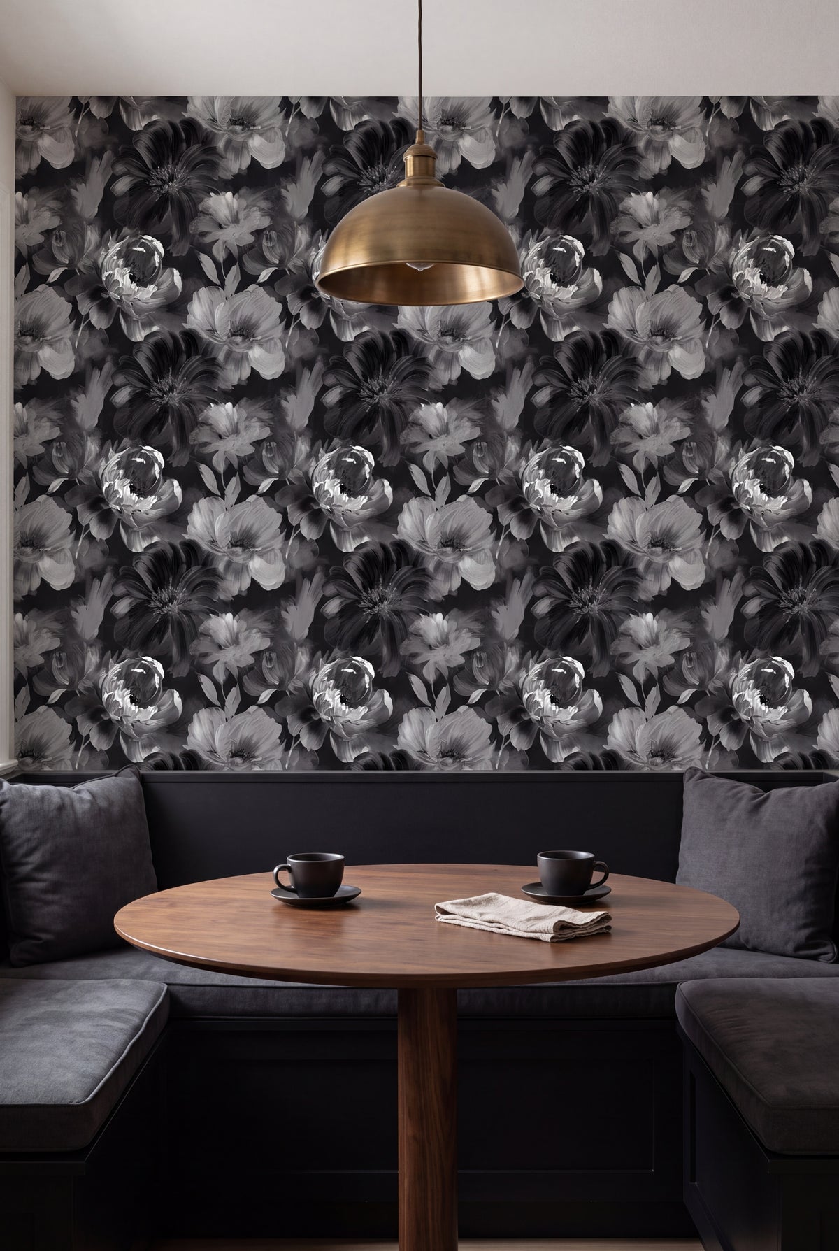 Ink Peony wallpaper shown in a kitchen breakfast nook