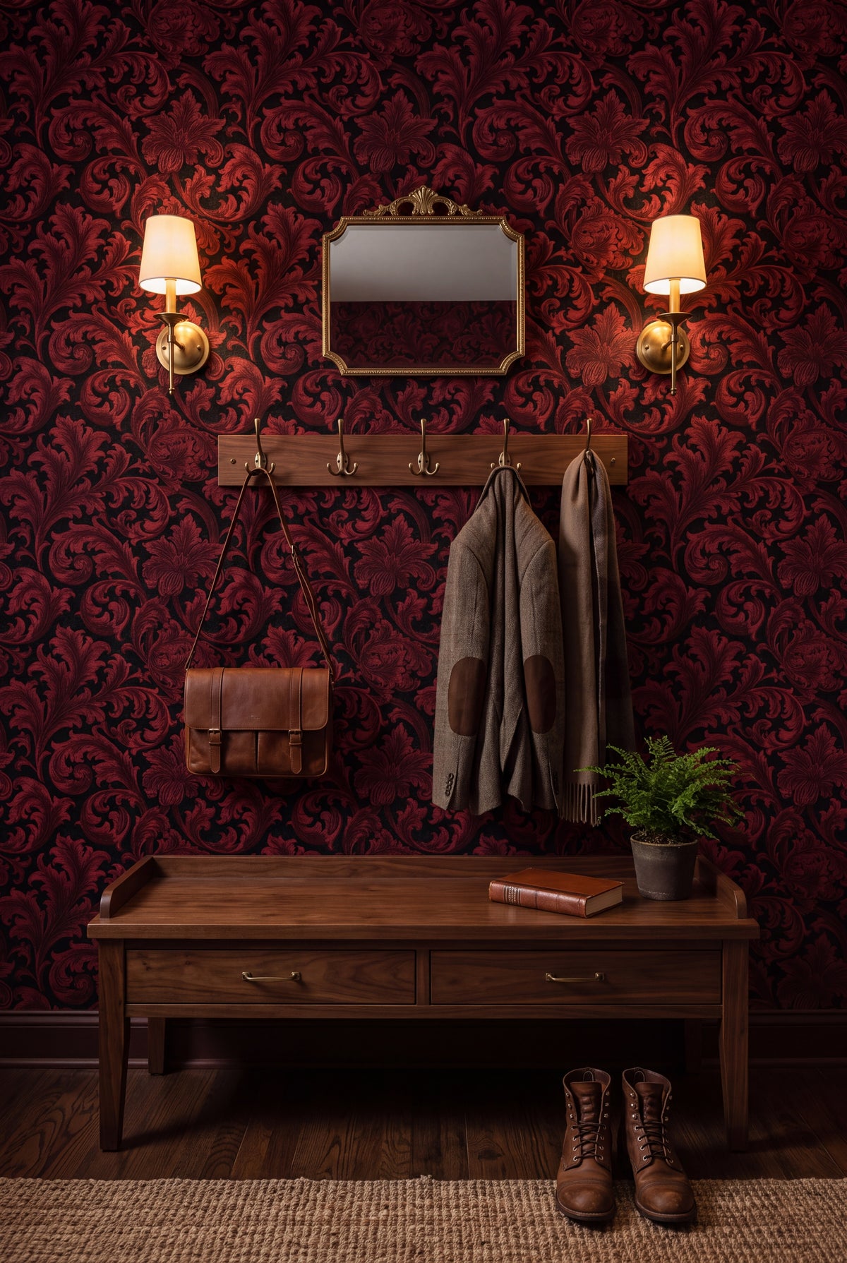 Claret Acanthus wallpaper shown in a mudroom