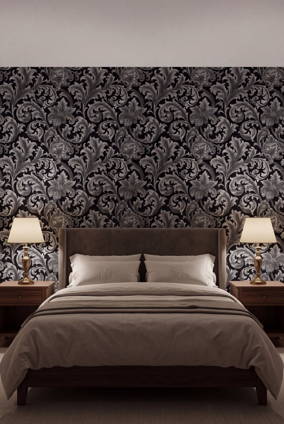 Silver Acanthus wallpaper shown in a bedroom