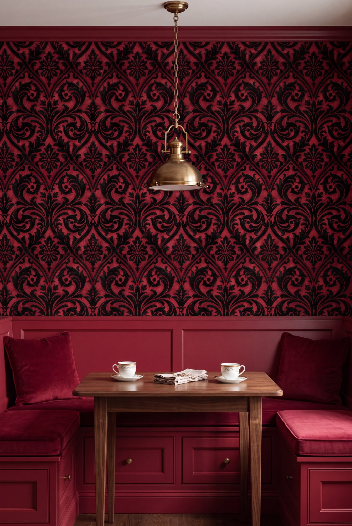 Ruby Silhouette wallpaper shown in a kitchen breakfast nook
