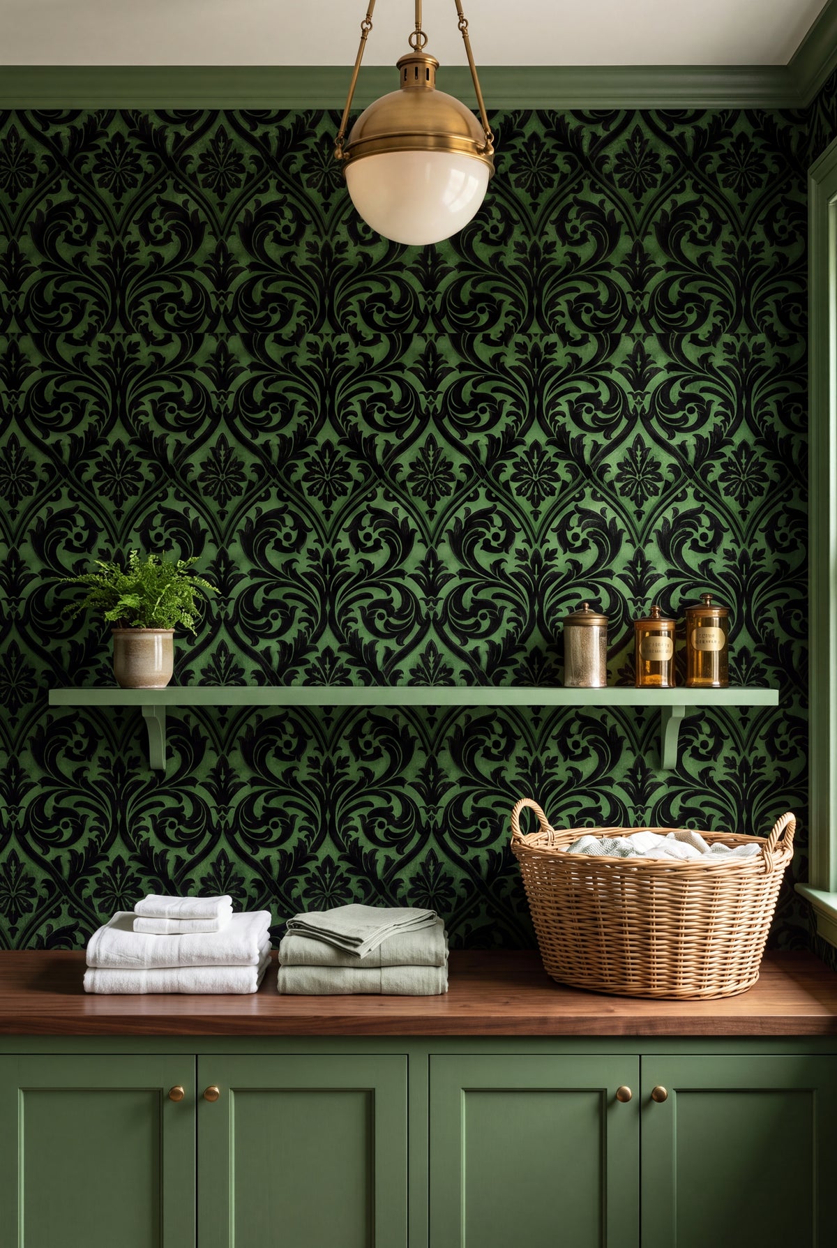 Fern Silhouette wallpaper shown in a laundry room