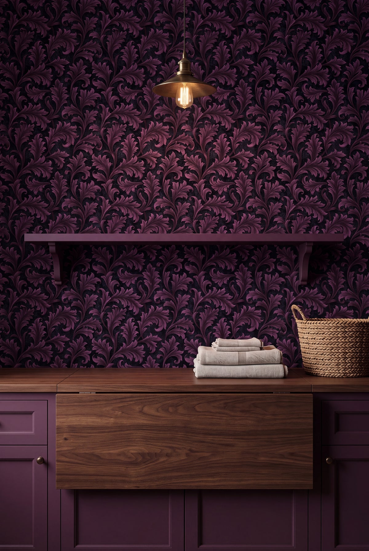 Plum Frond wallpaper shown in a laundry room