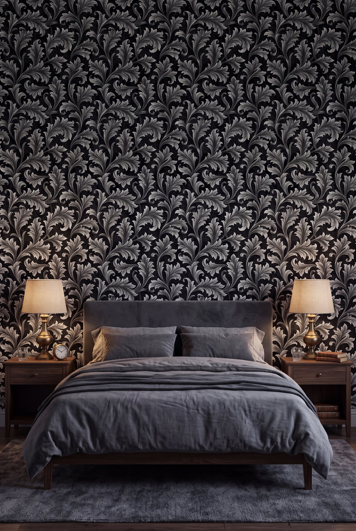 Pearl Frond wallpaper shown in a bedroom