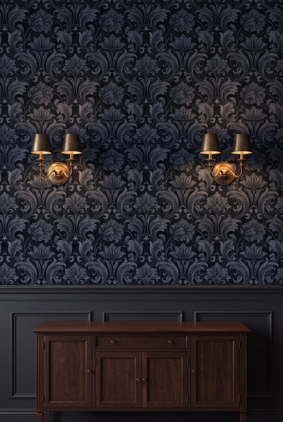 Slate Damask wallpaper shown in a dining room