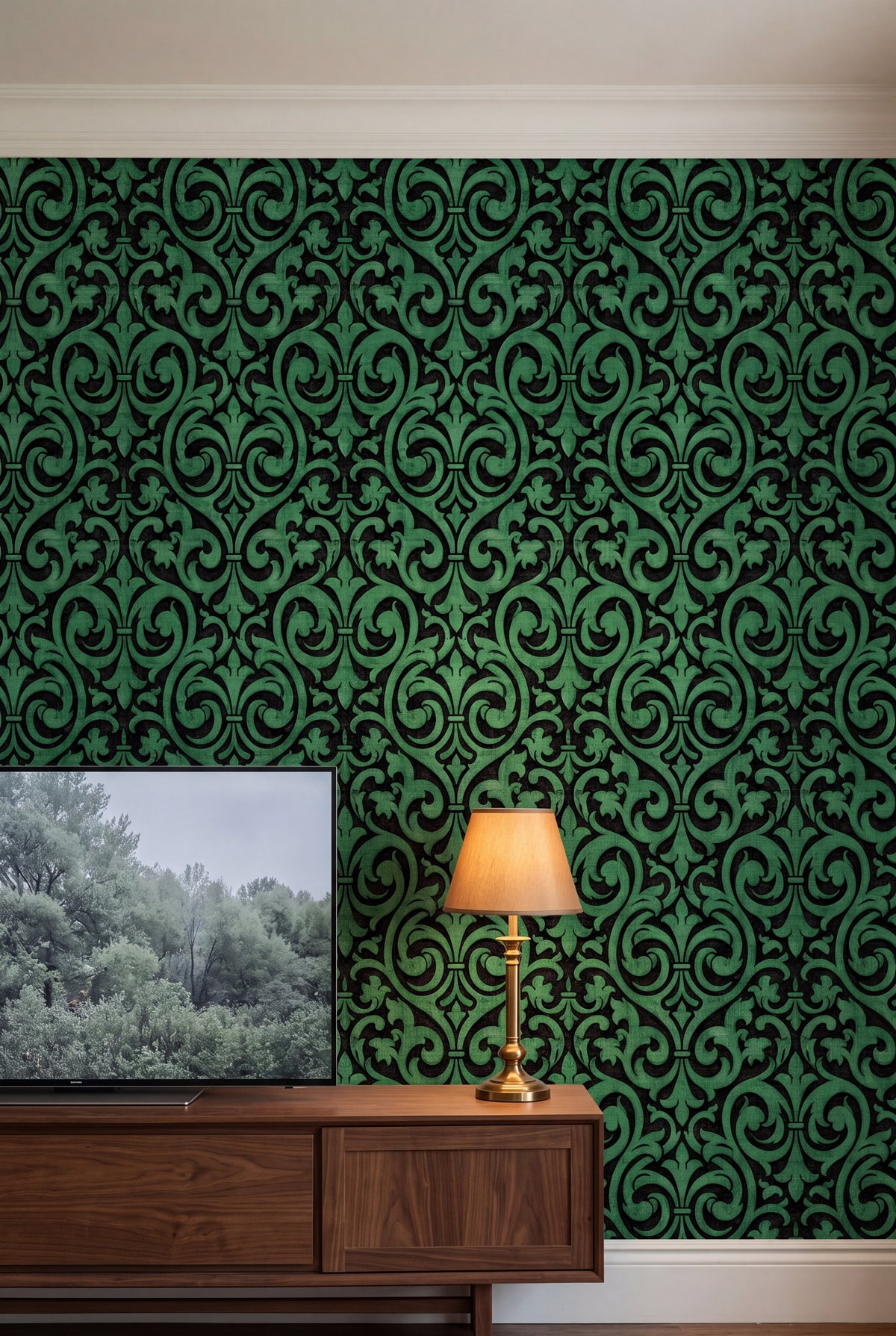 Emerald Fleur wallpaper shown in a media room