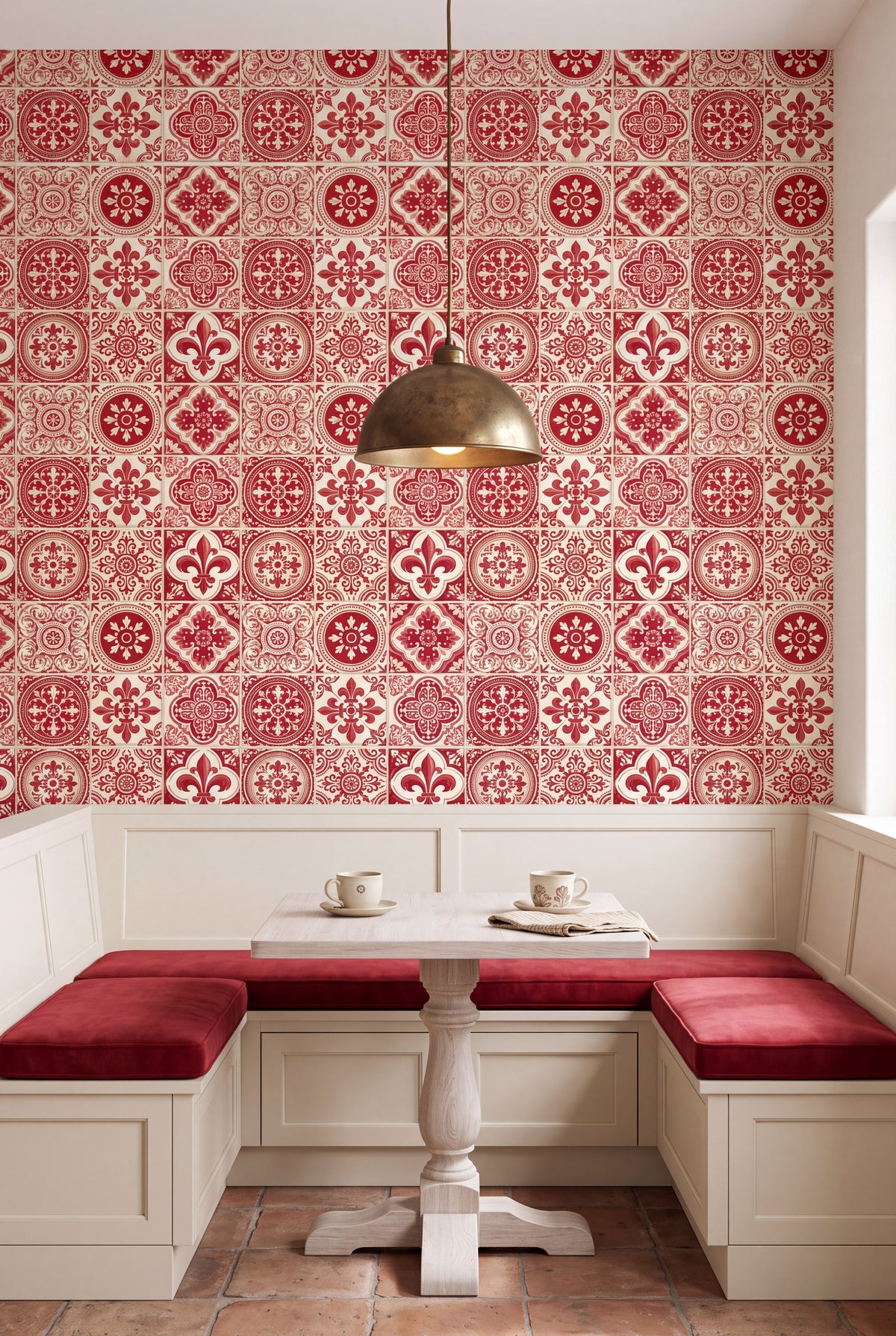 Lisbon Crimson wallpaper shown in a kitchen breakfast nook