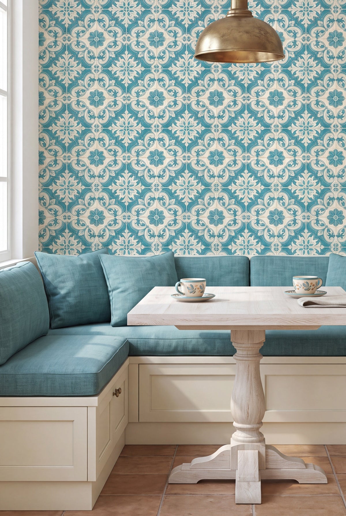 Porto Teal wallpaper shown in a kitchen breakfast nook