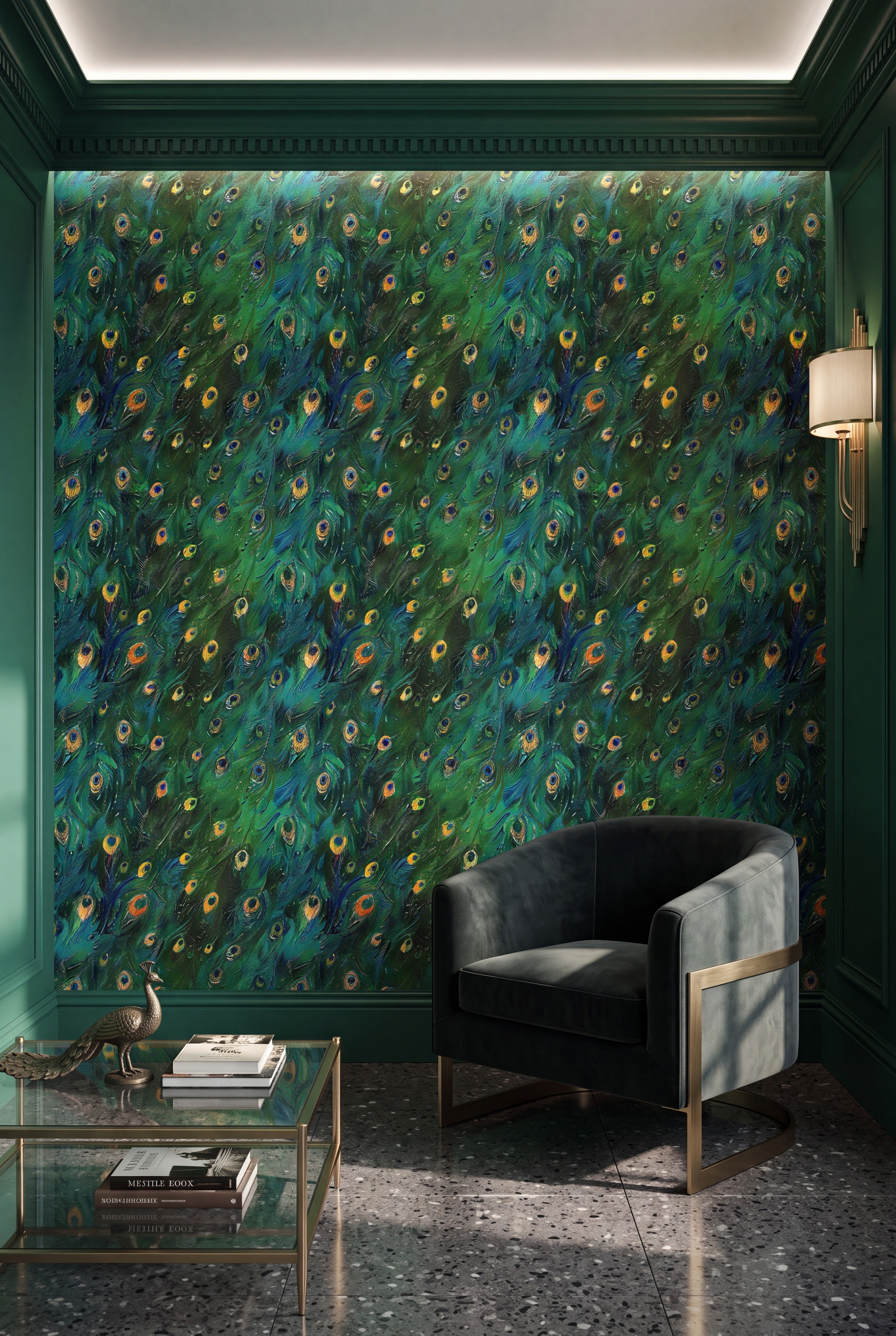 Peacock Parade wallpaper shown in a living room