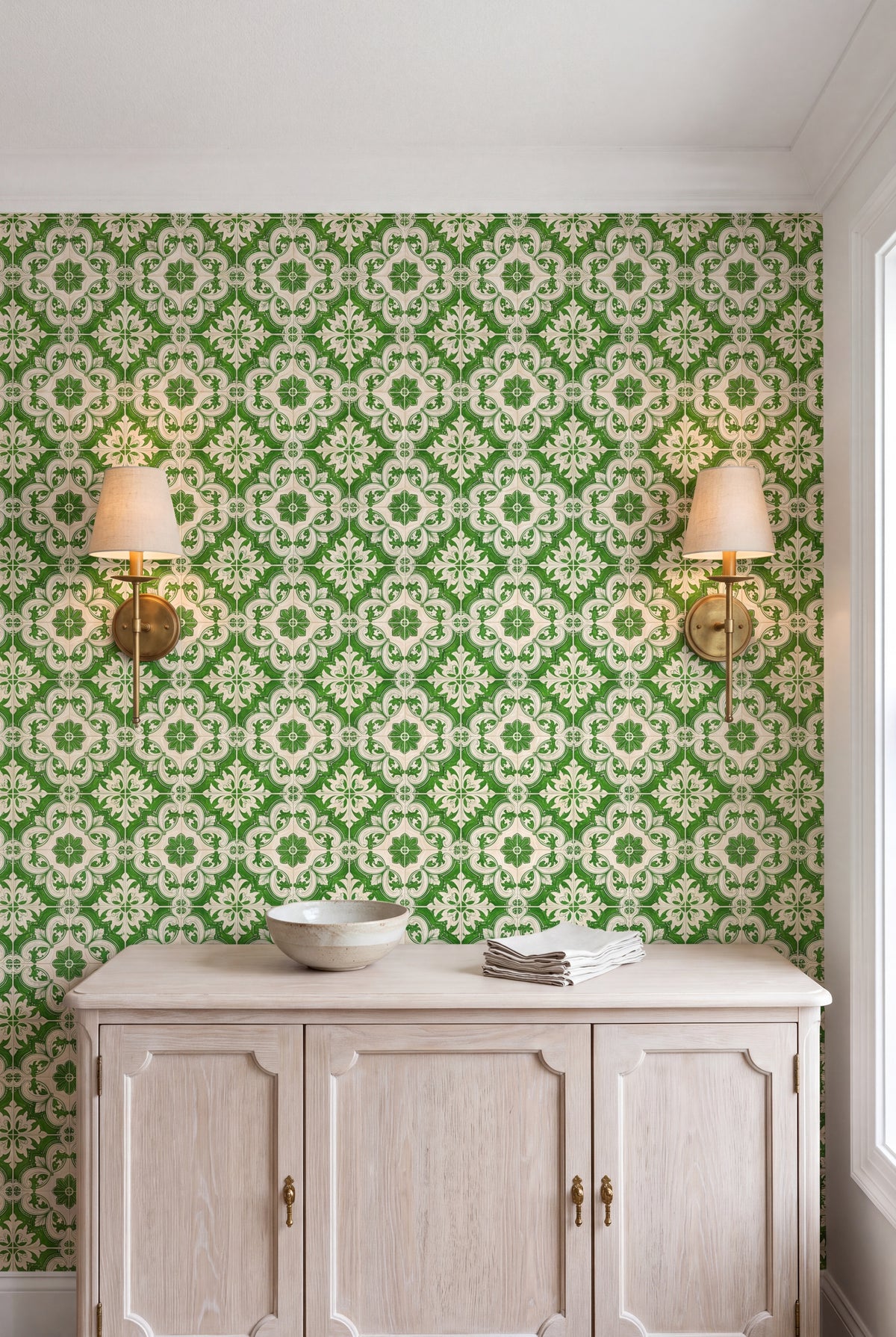 Porto Green wallpaper shown in a dining room