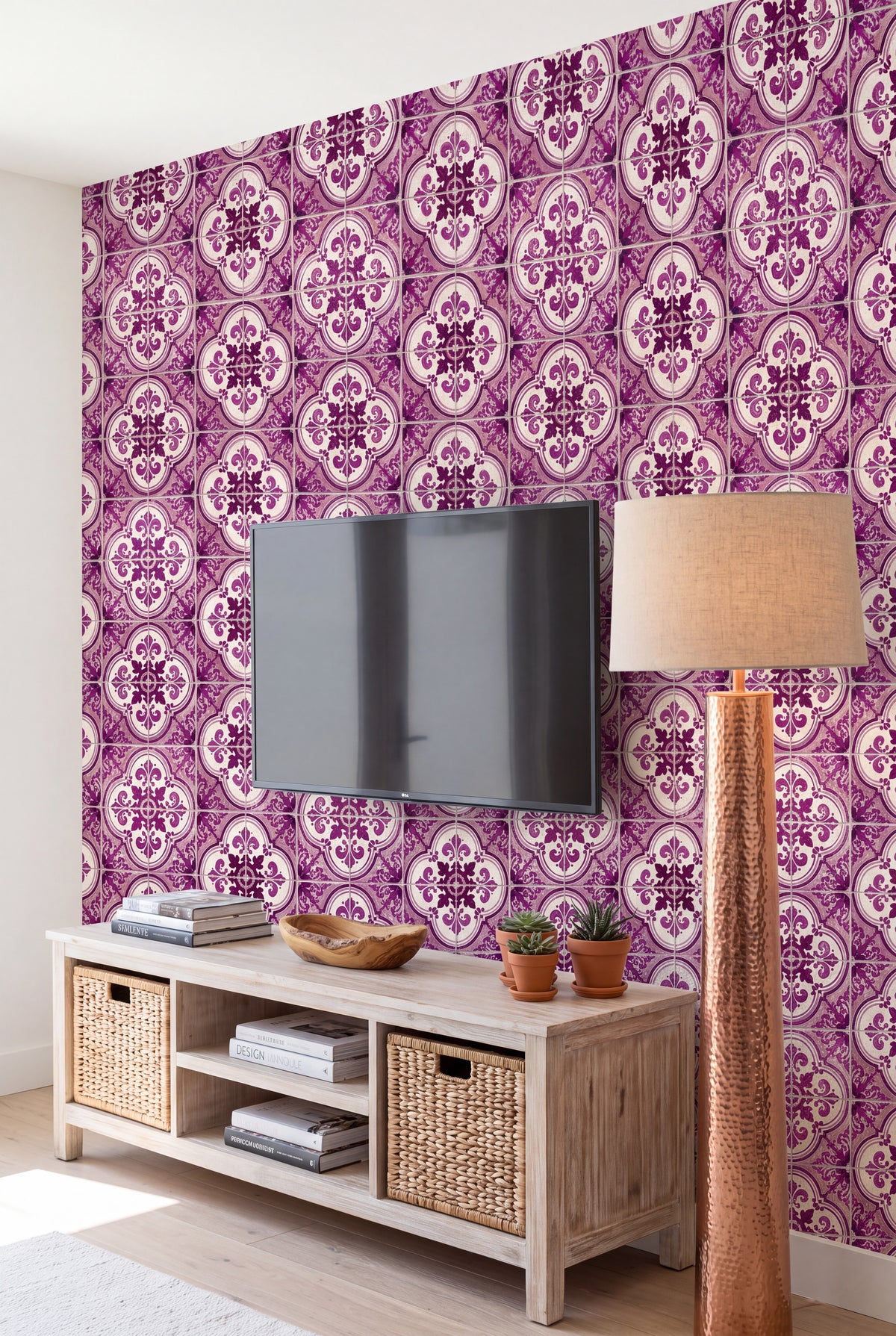 Sintra Plum wallpaper shown in a media room
