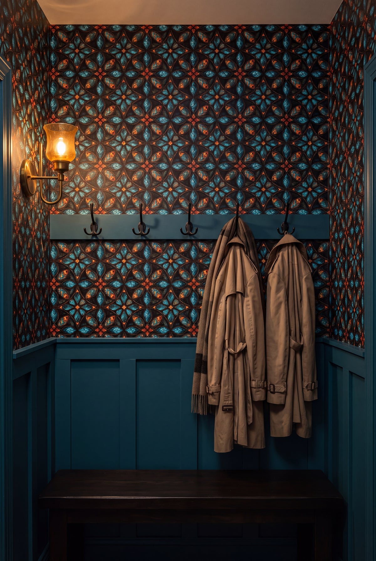 Teal Quatrefoil wallpaper shown in a mudroom