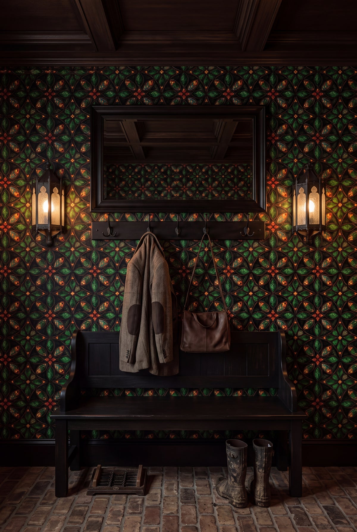 Forest Quatrefoil wallpaper shown in a mudroom