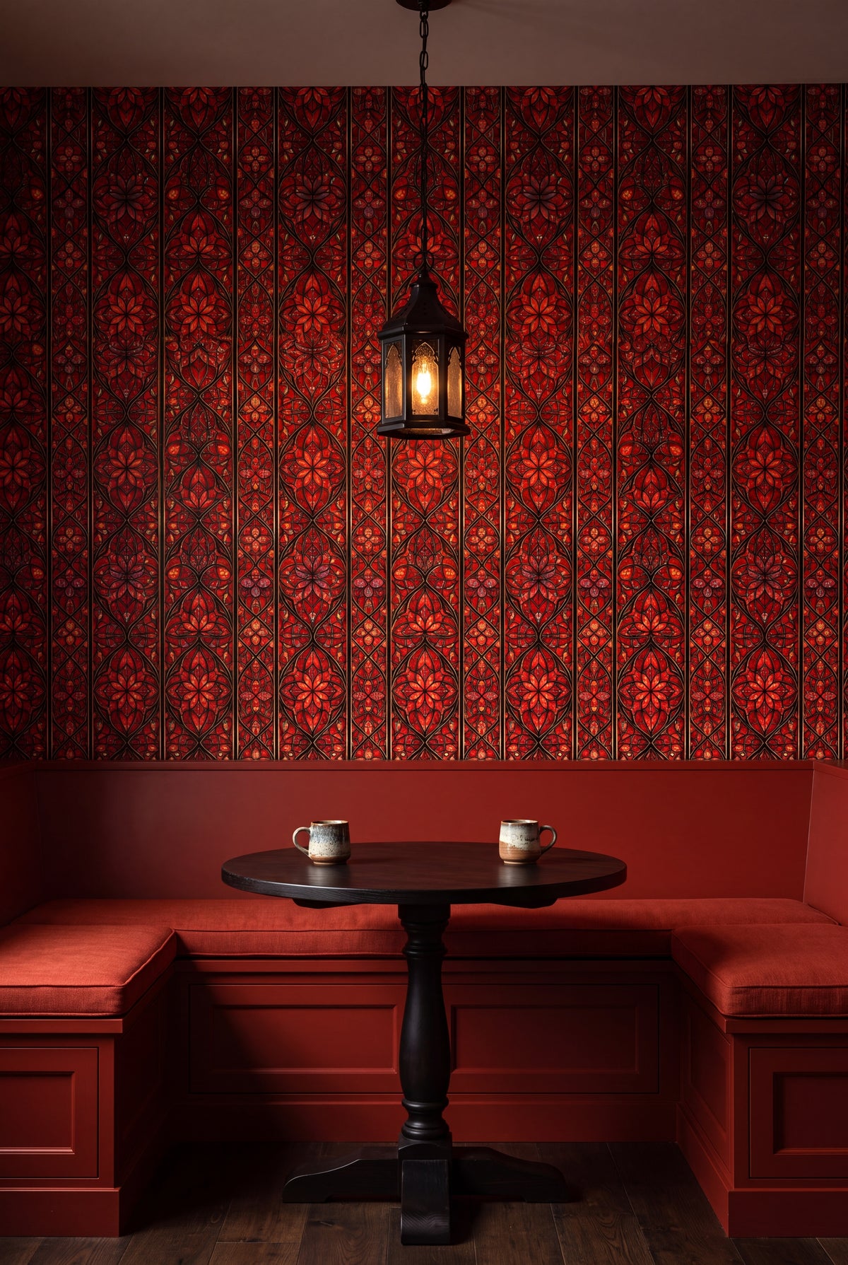 Cathedral Flame wallpaper shown in a kitchen breakfast nook