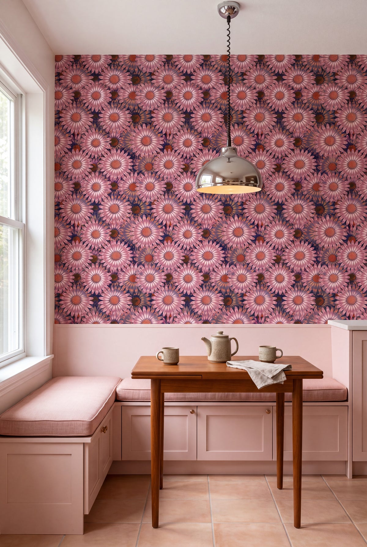 Blush Daisy wallpaper shown in a kitchen breakfast nook