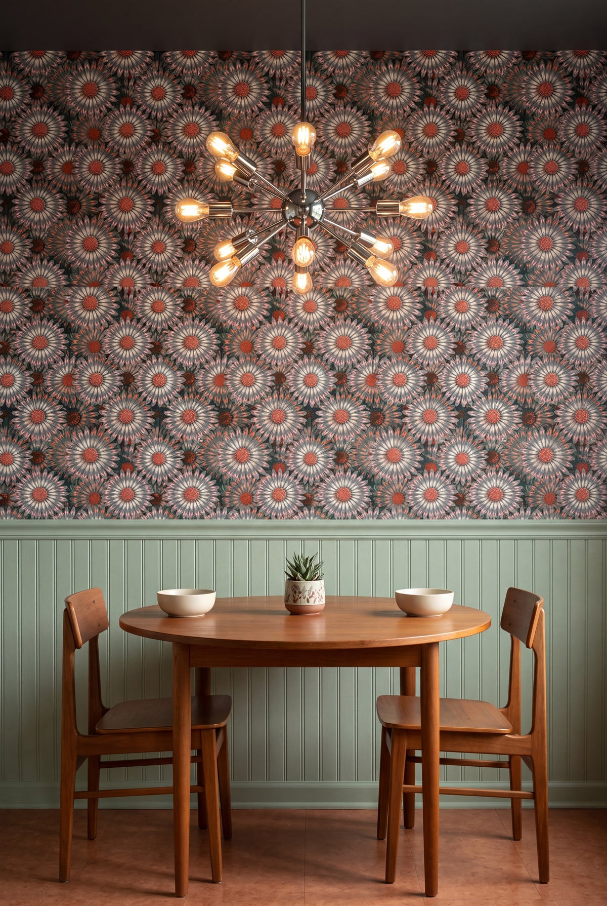 Sage Daisy wallpaper shown in a kitchen breakfast nook