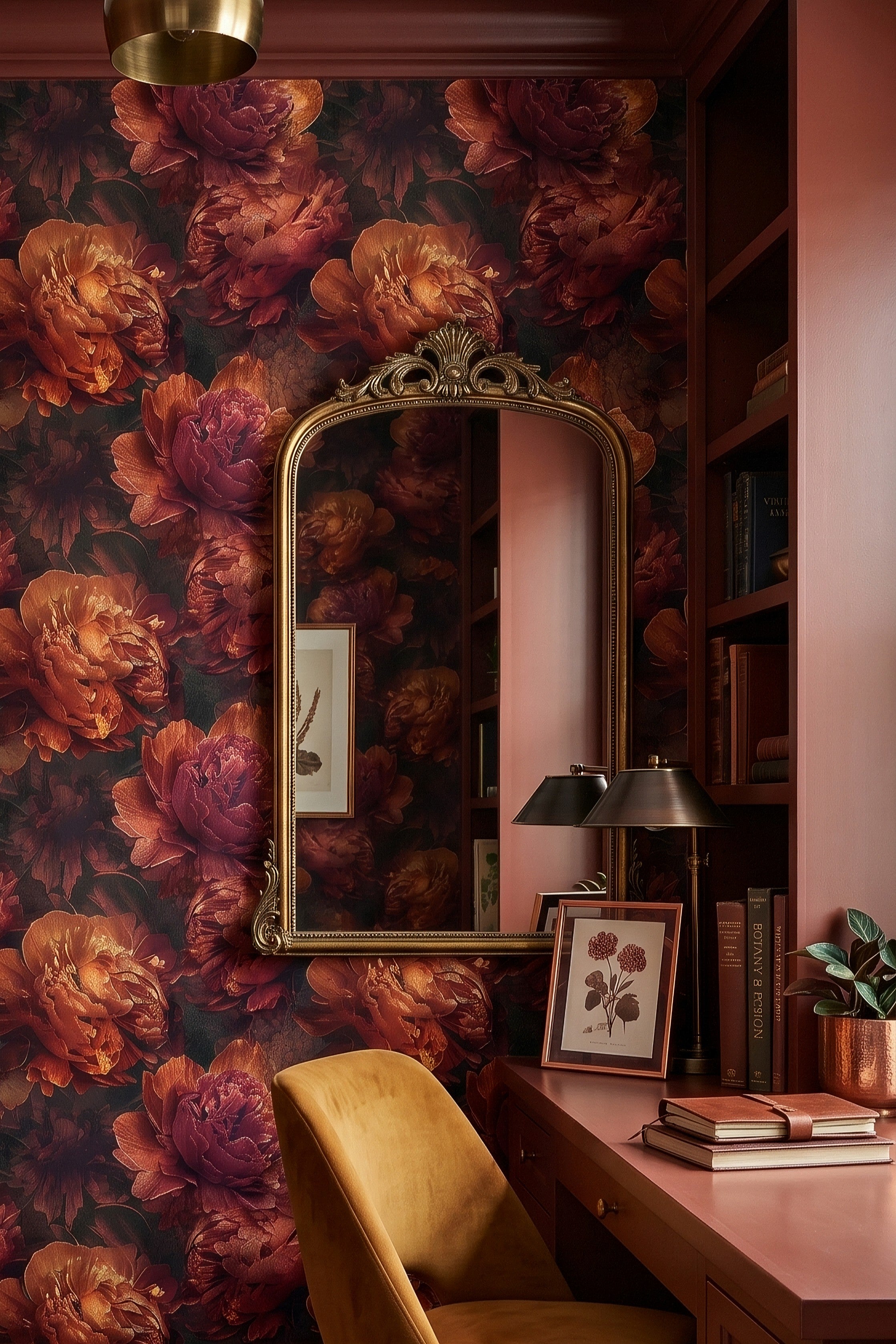 Velvet Peony wallpaper shown in a home office