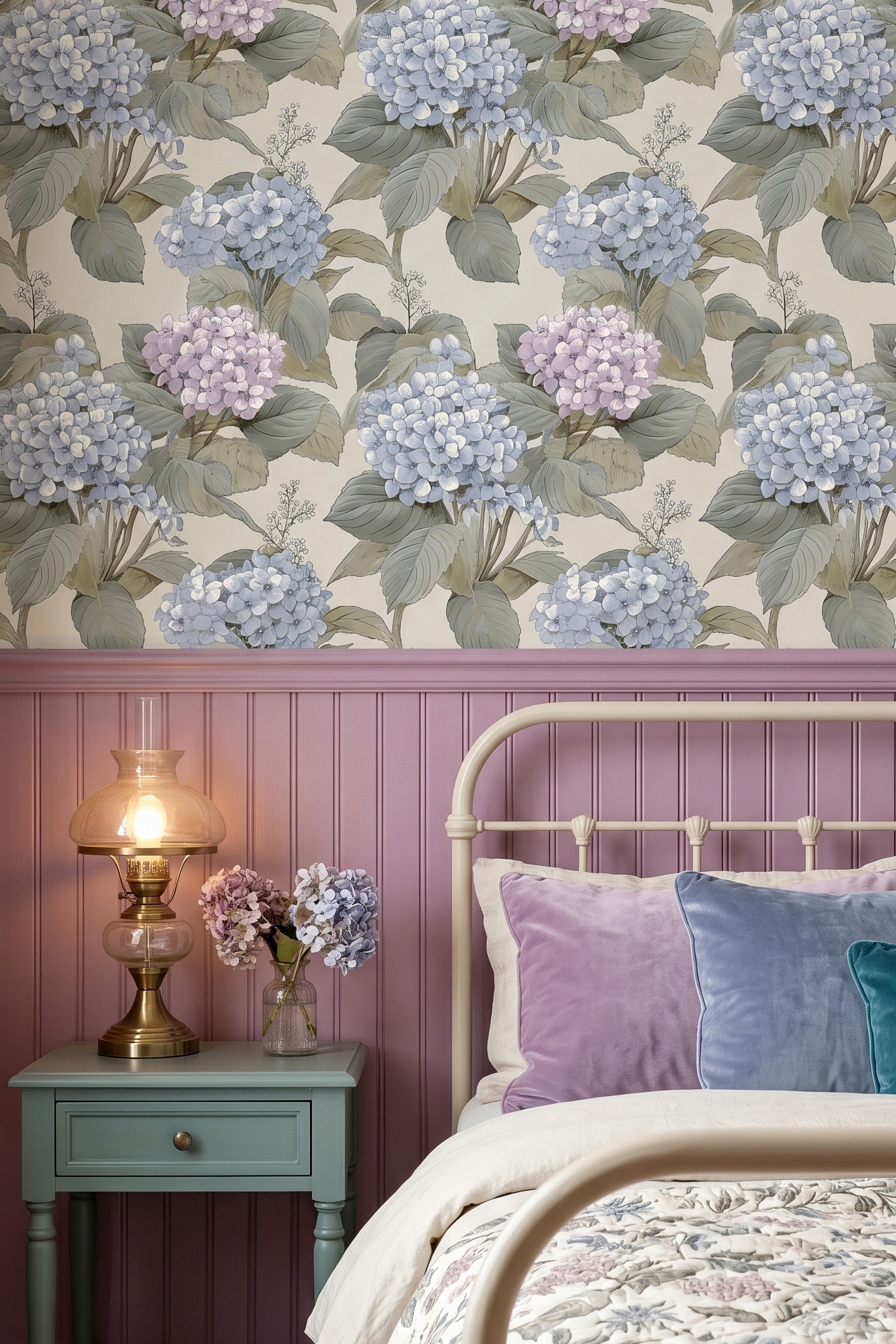 Hydrangea Lane wallpaper shown in a bedroom