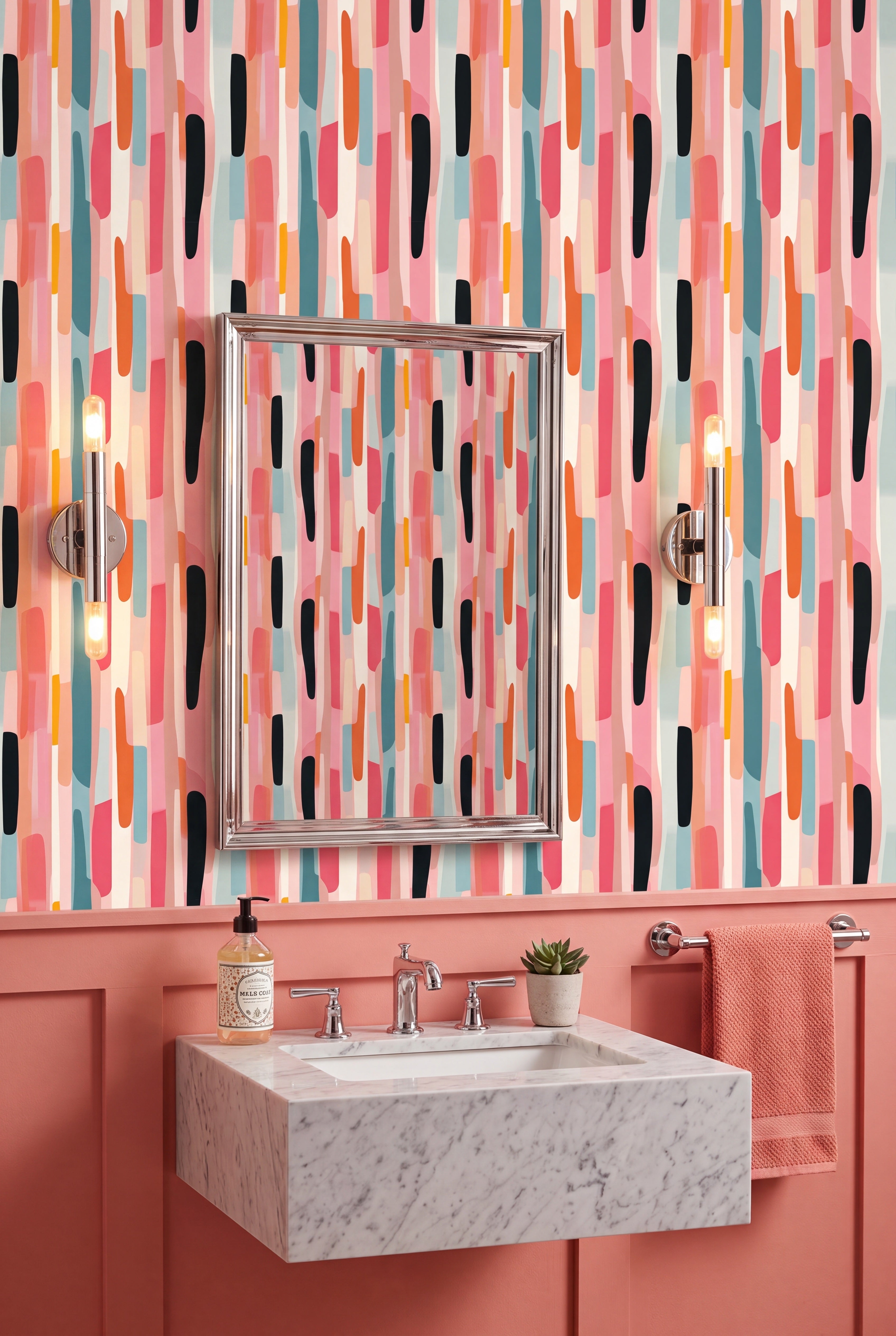 Jukebox Stripe wallpaper shown in a powder room