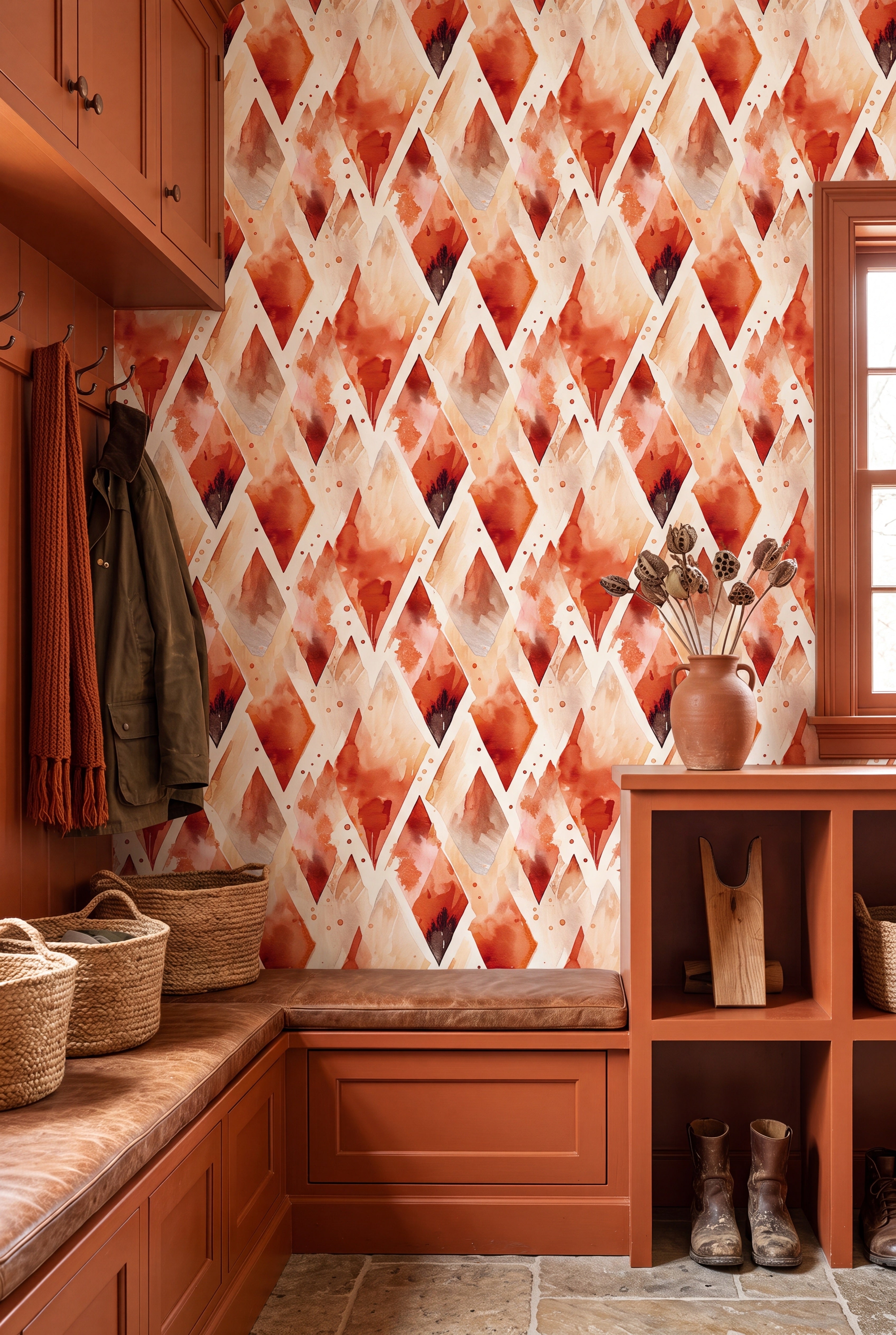 Harlequin Clay wallpaper shown in a mudroom