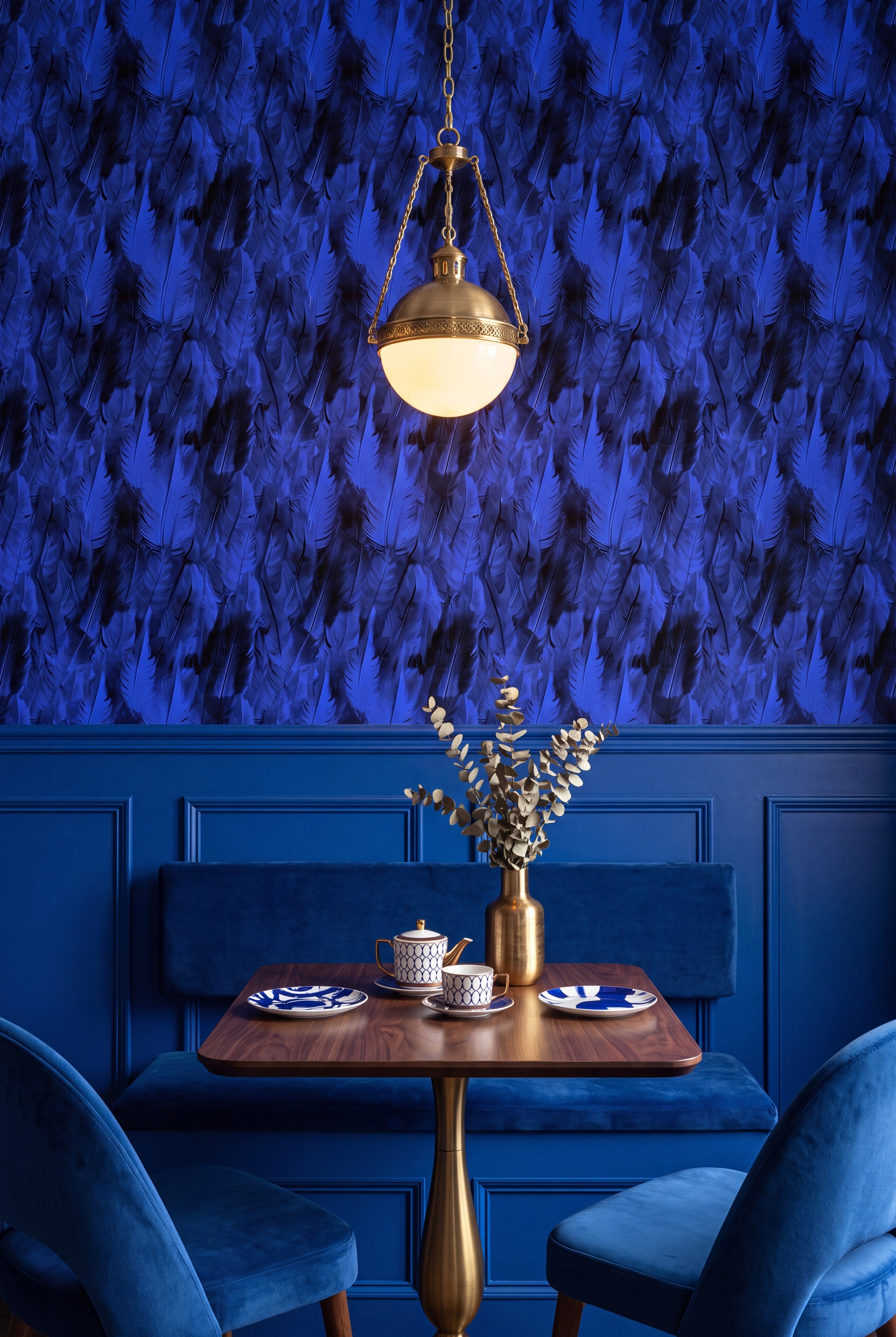 Cobalt Plume wallpaper shown in a cozy nook