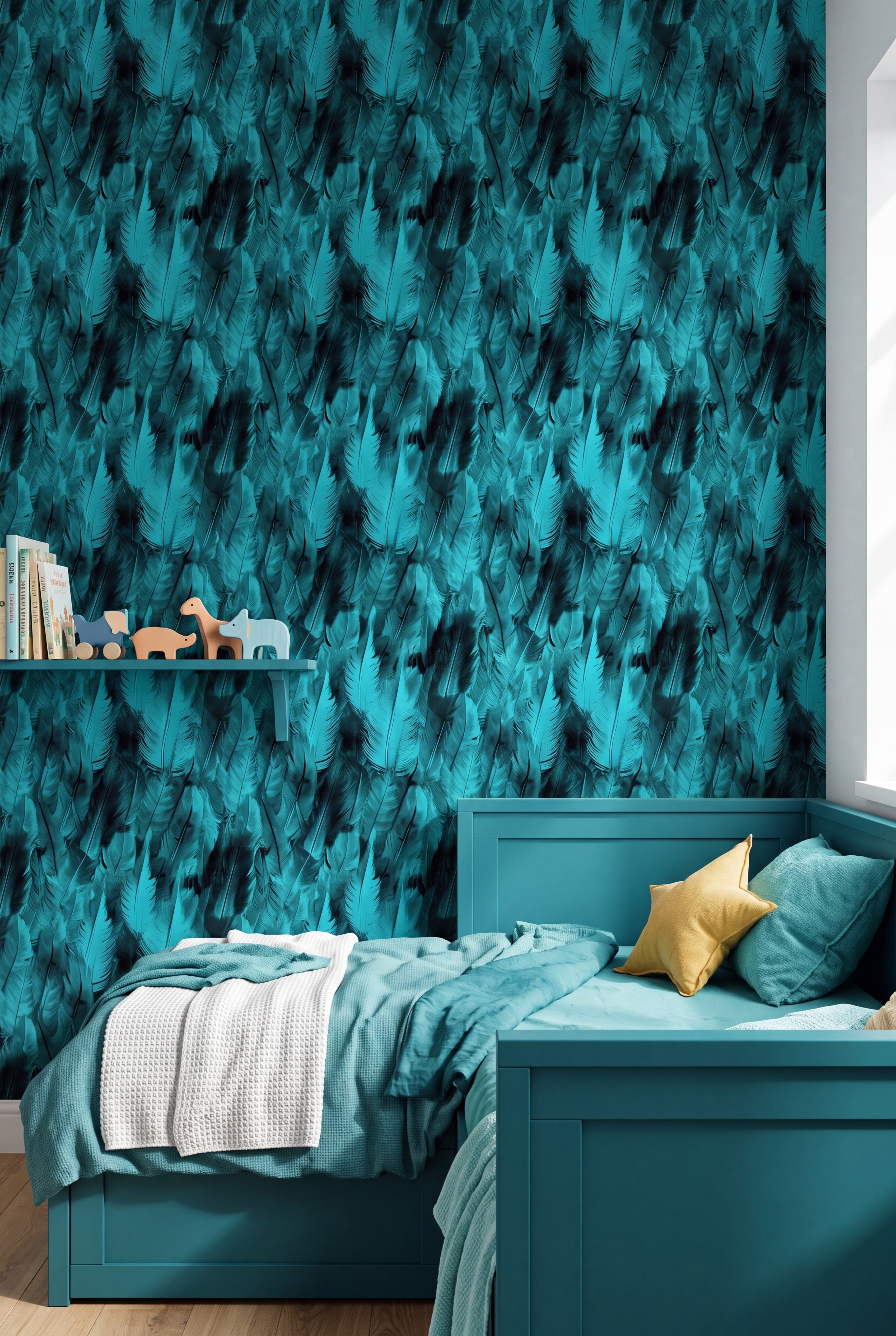 Lagoon Plume wallpaper shown in a kids' room