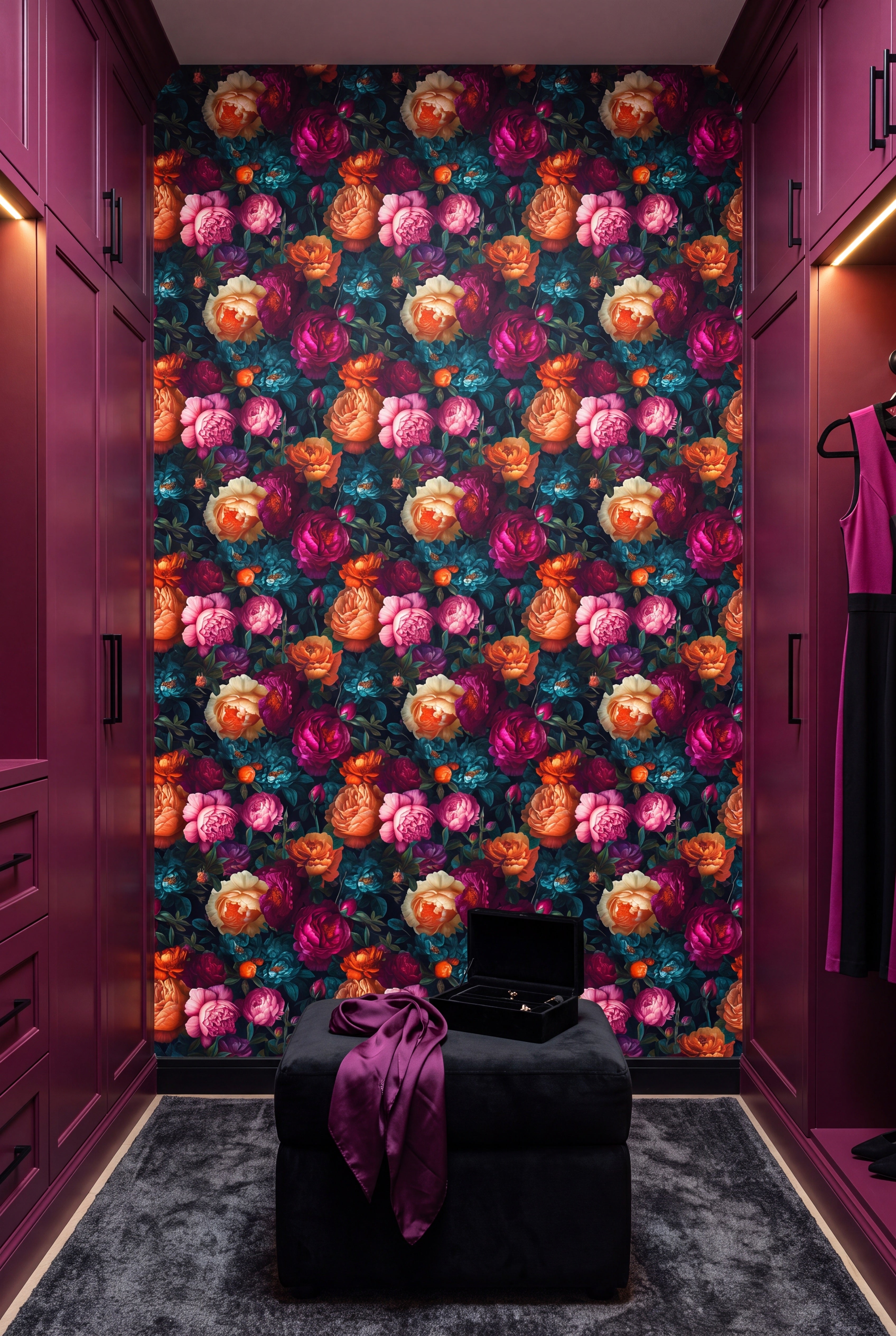 Gemstone Garden wallpaper shown in a closet