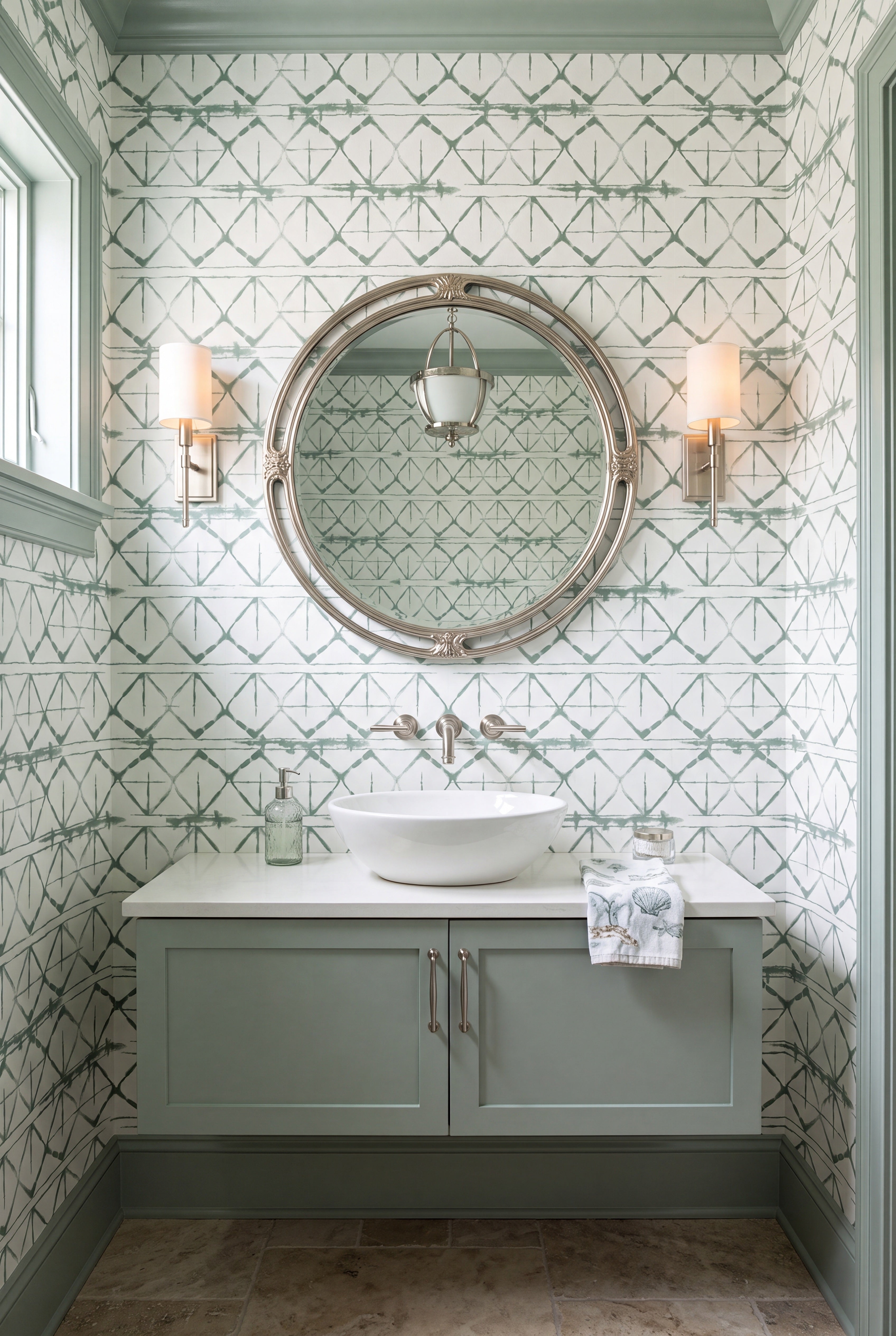 Sage Shibori wallpaper shown in a powder room
