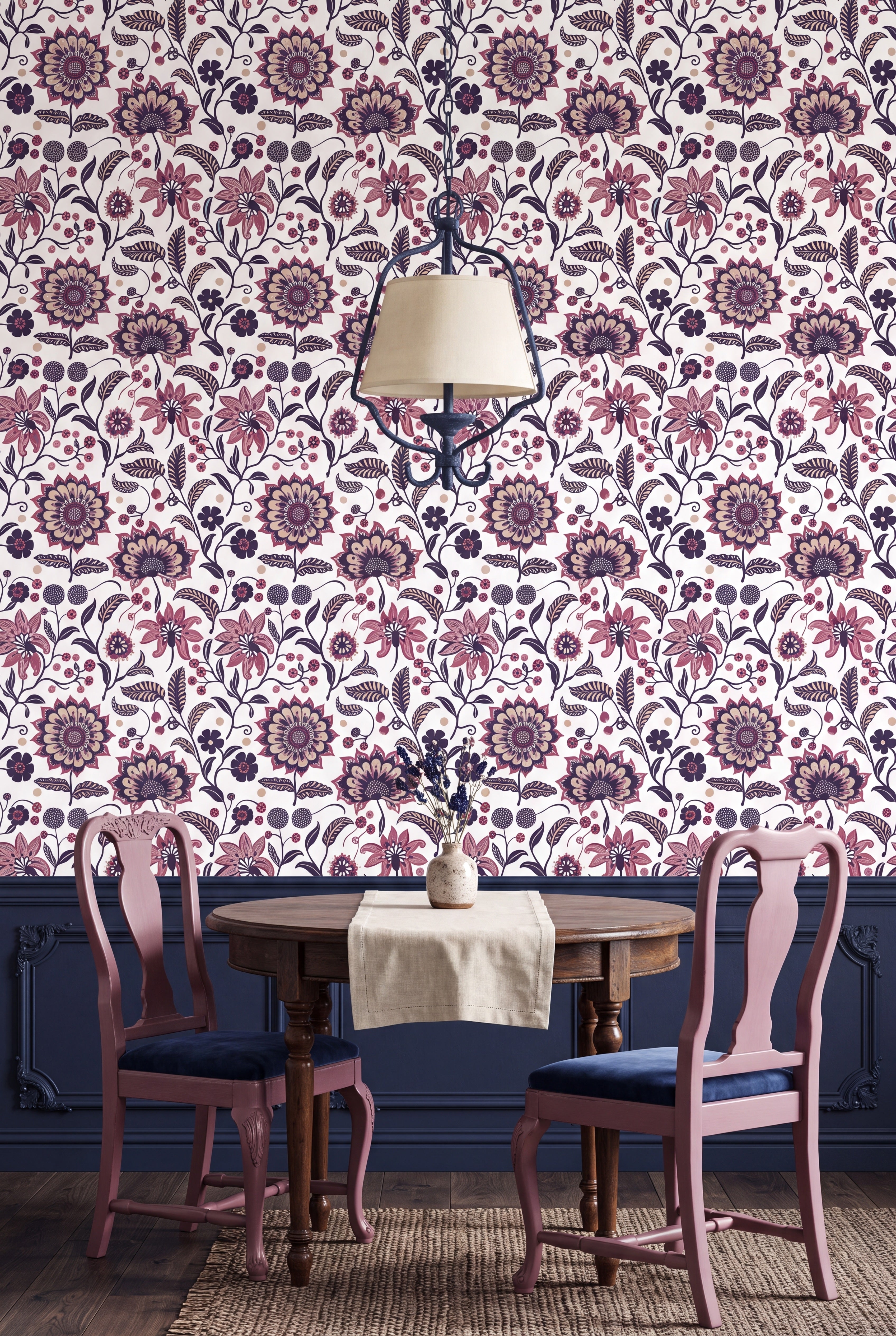 Plum Folklore wallpaper shown in a dining room