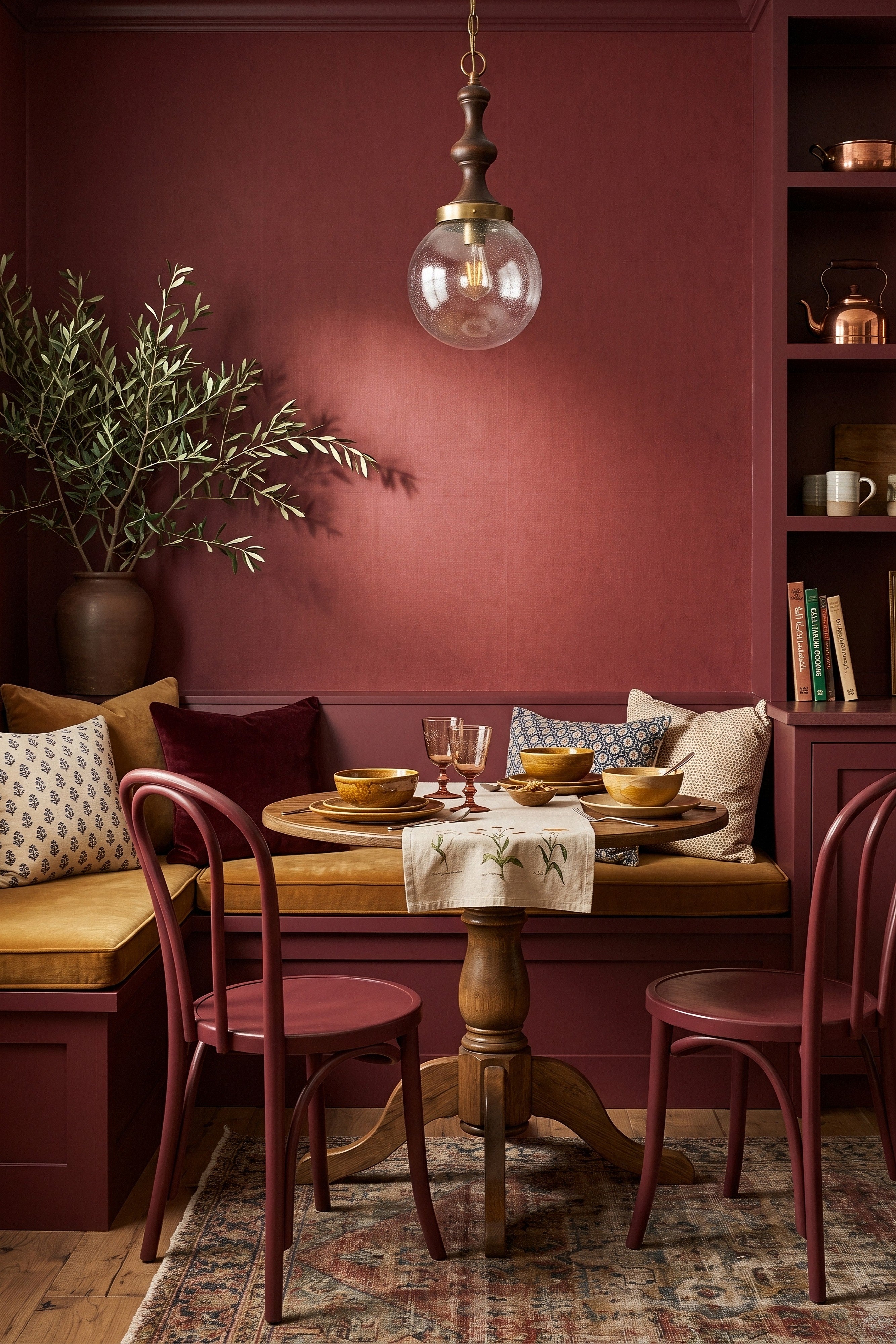 Cabernet wallpaper shown in a breakfast nook