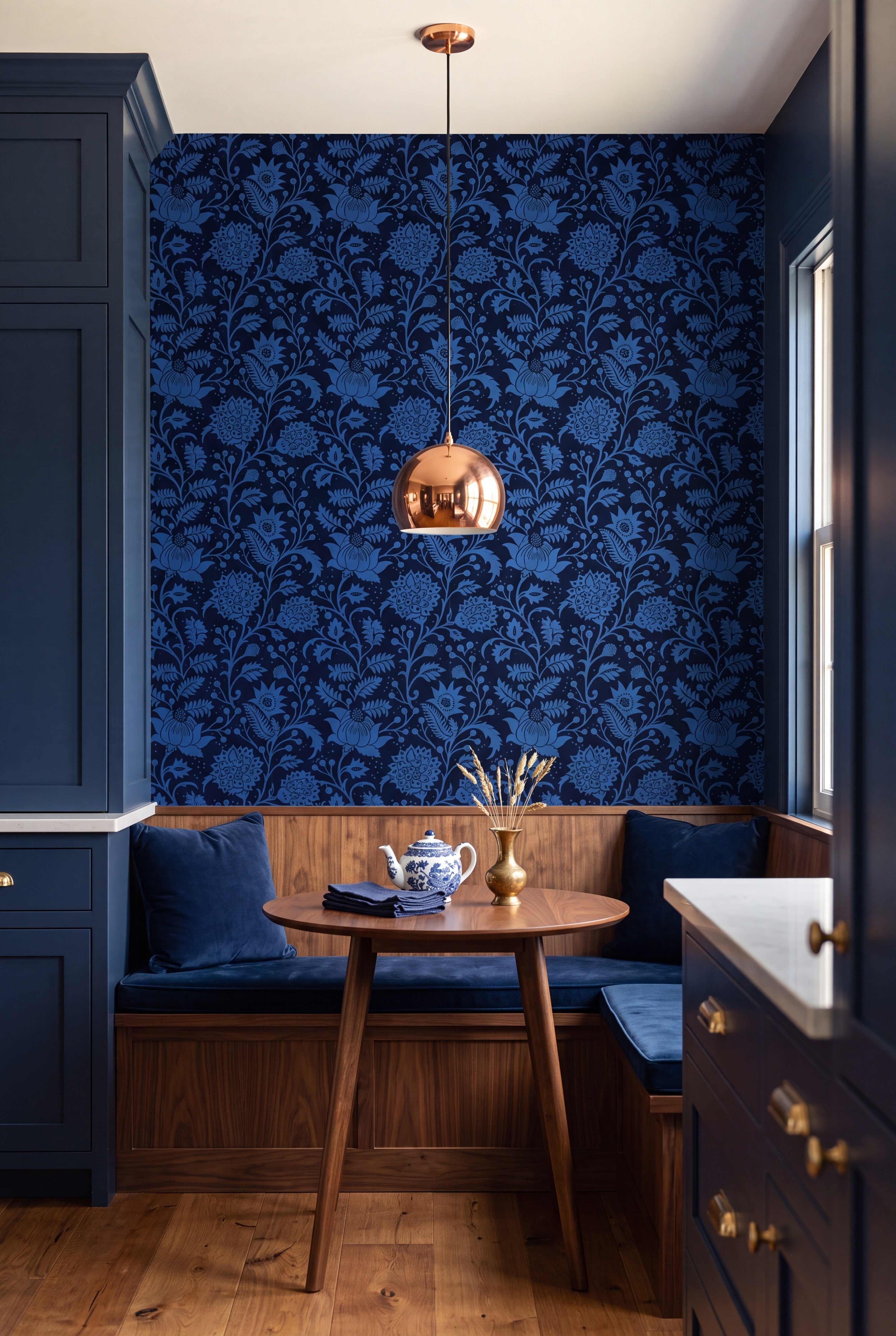 Baltic Bloom wallpaper shown in a cozy nook