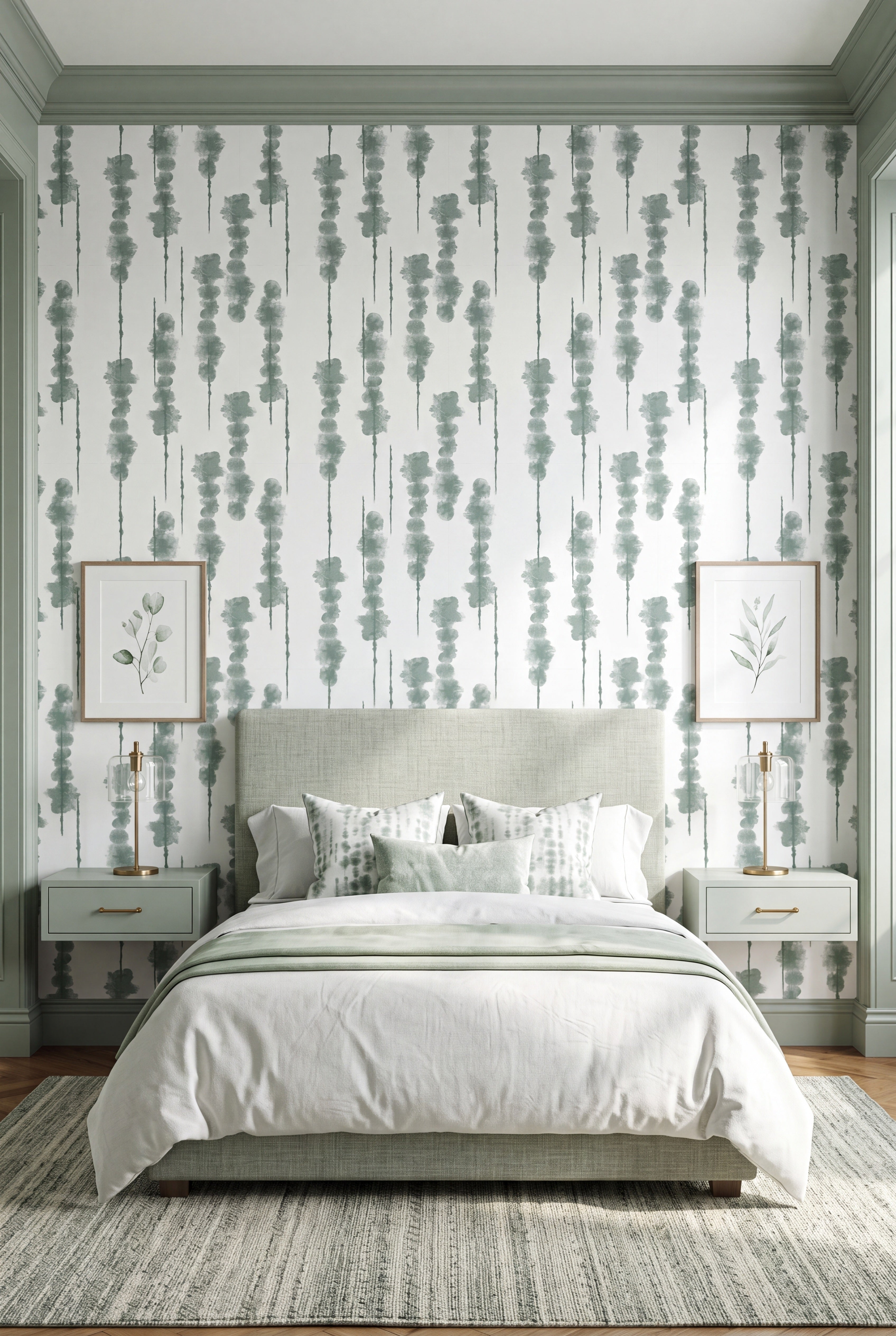 Shibori Stripe wallpaper shown in a bedroom