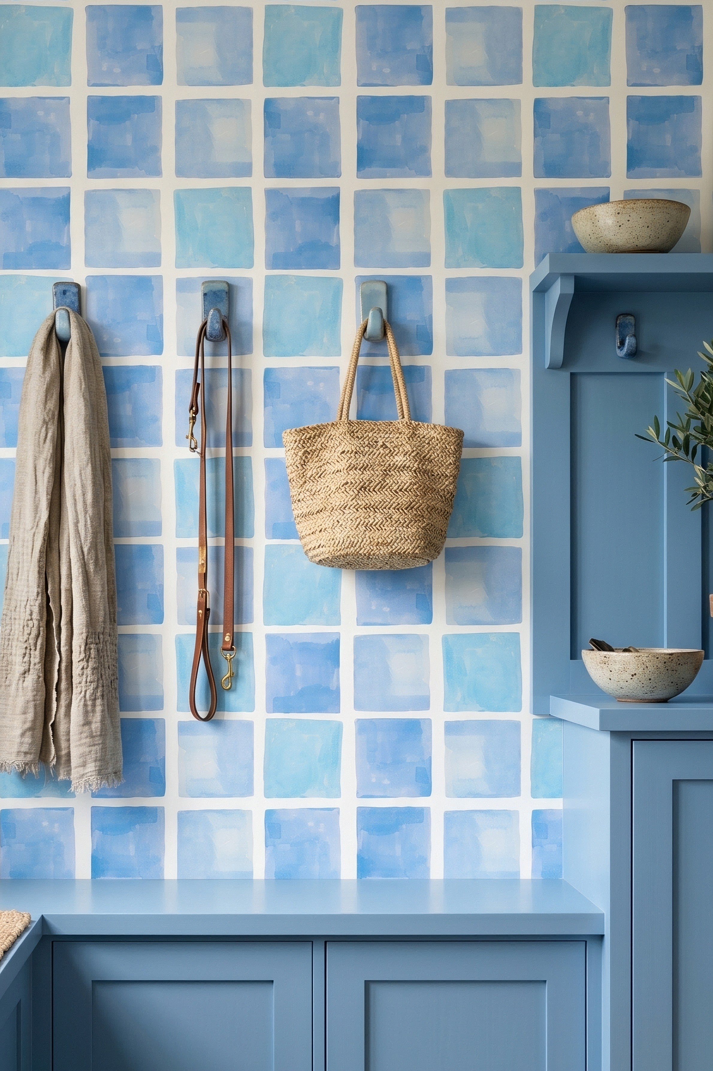 Bathhouse Blue wallpaper shown in a mudroom