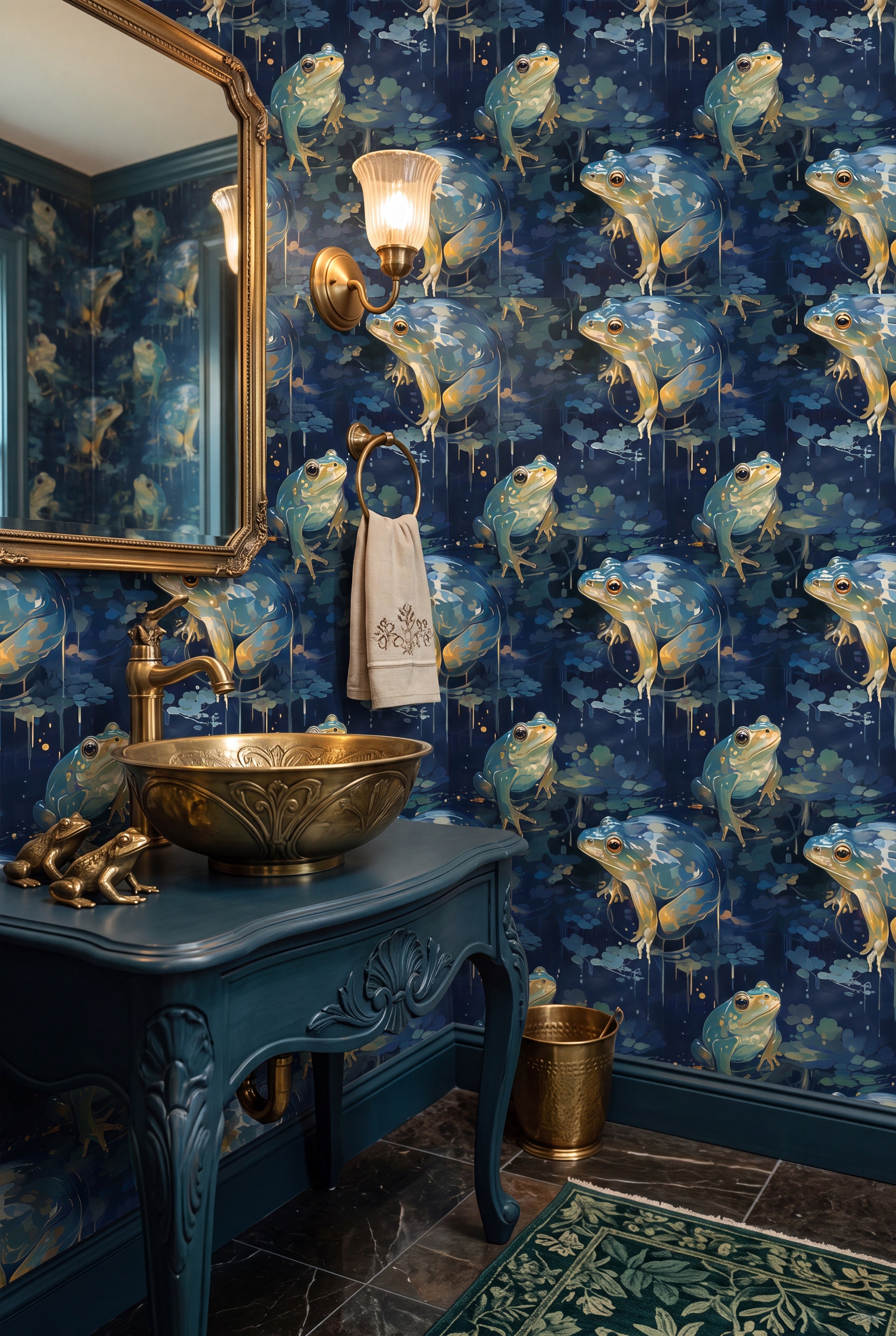 Frog Prince wallpaper shown in a powder room