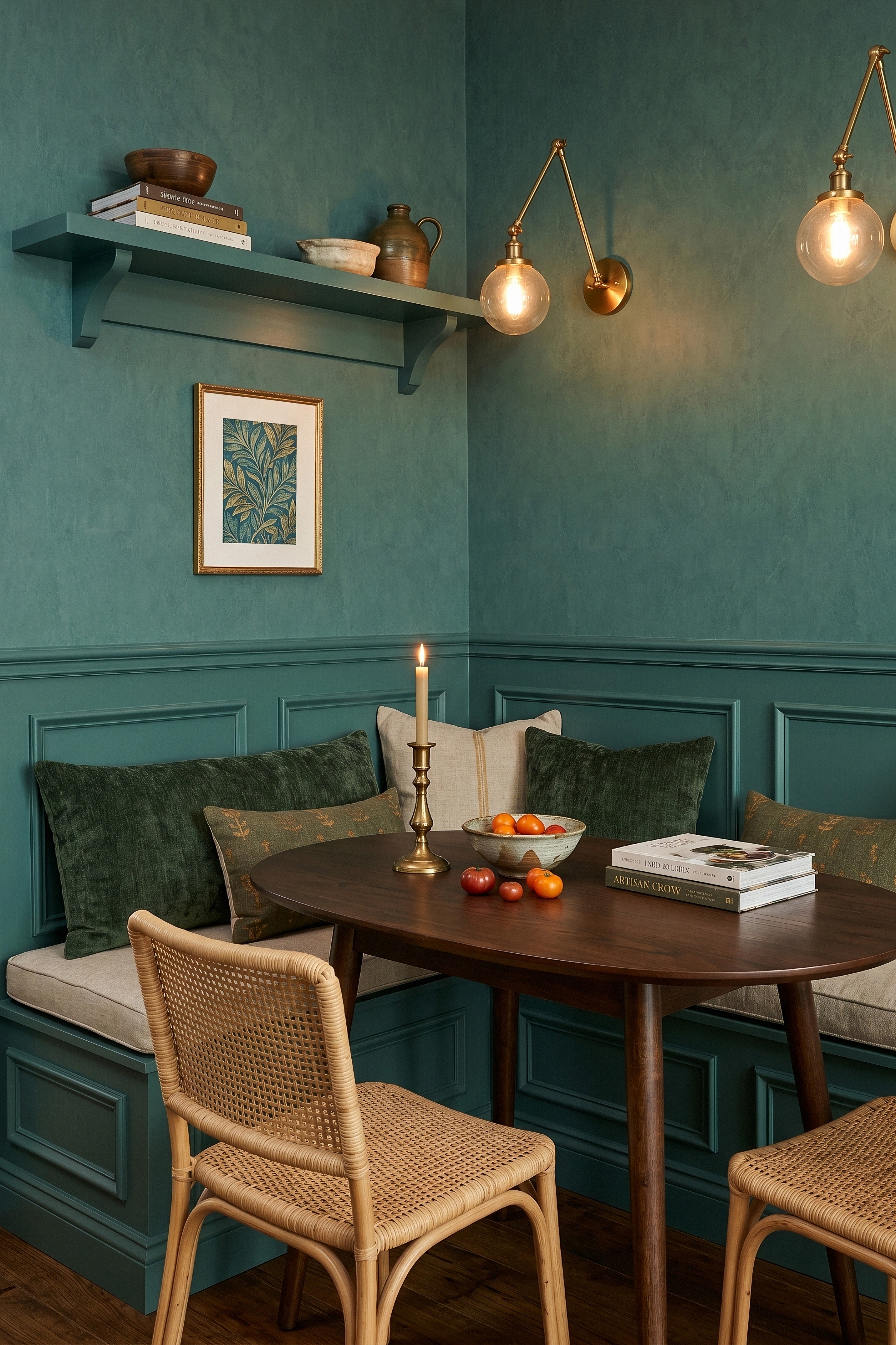 Verdigris wallpaper shown in a cozy nook