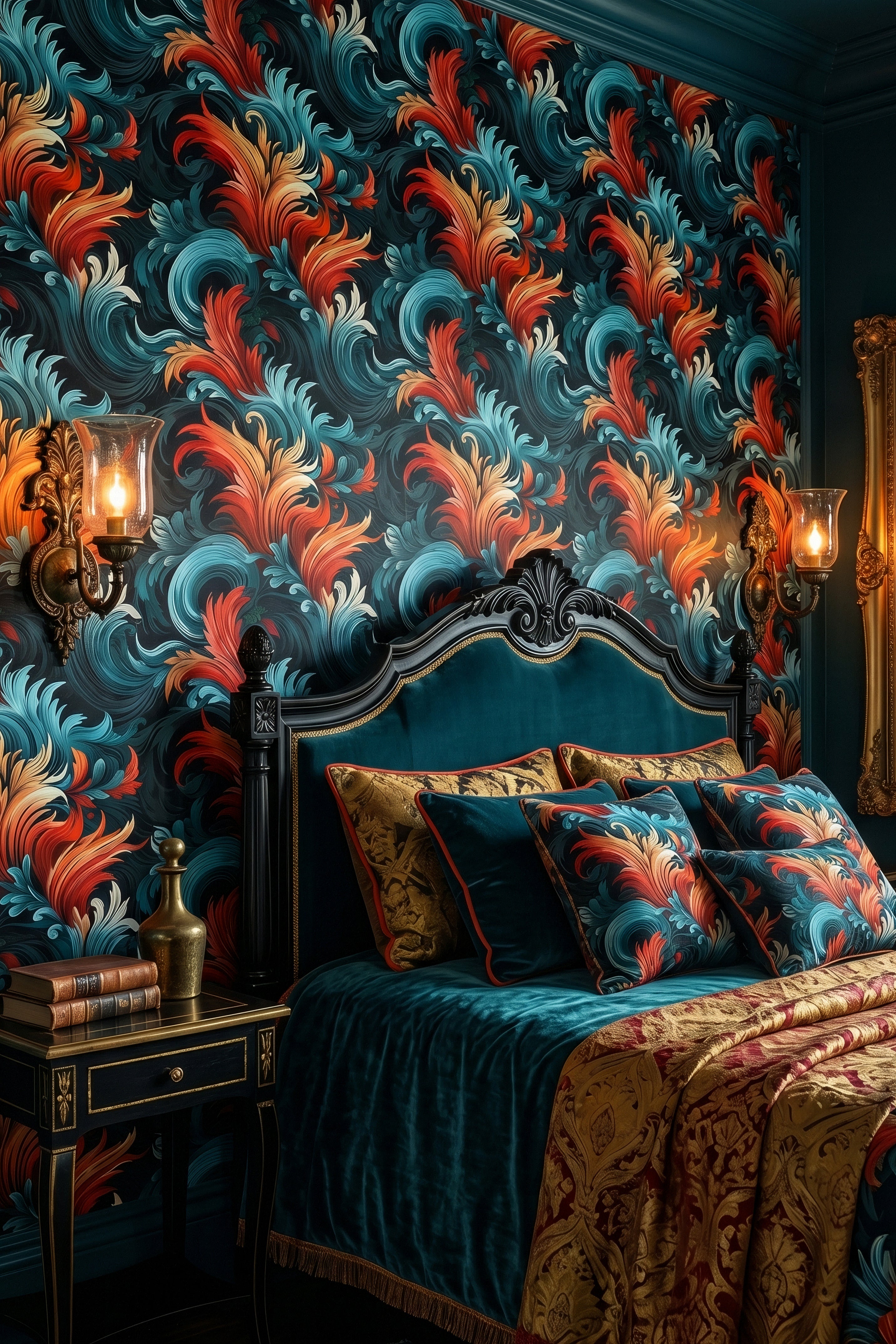 Acanthus Ember wallpaper shown in a bedroom