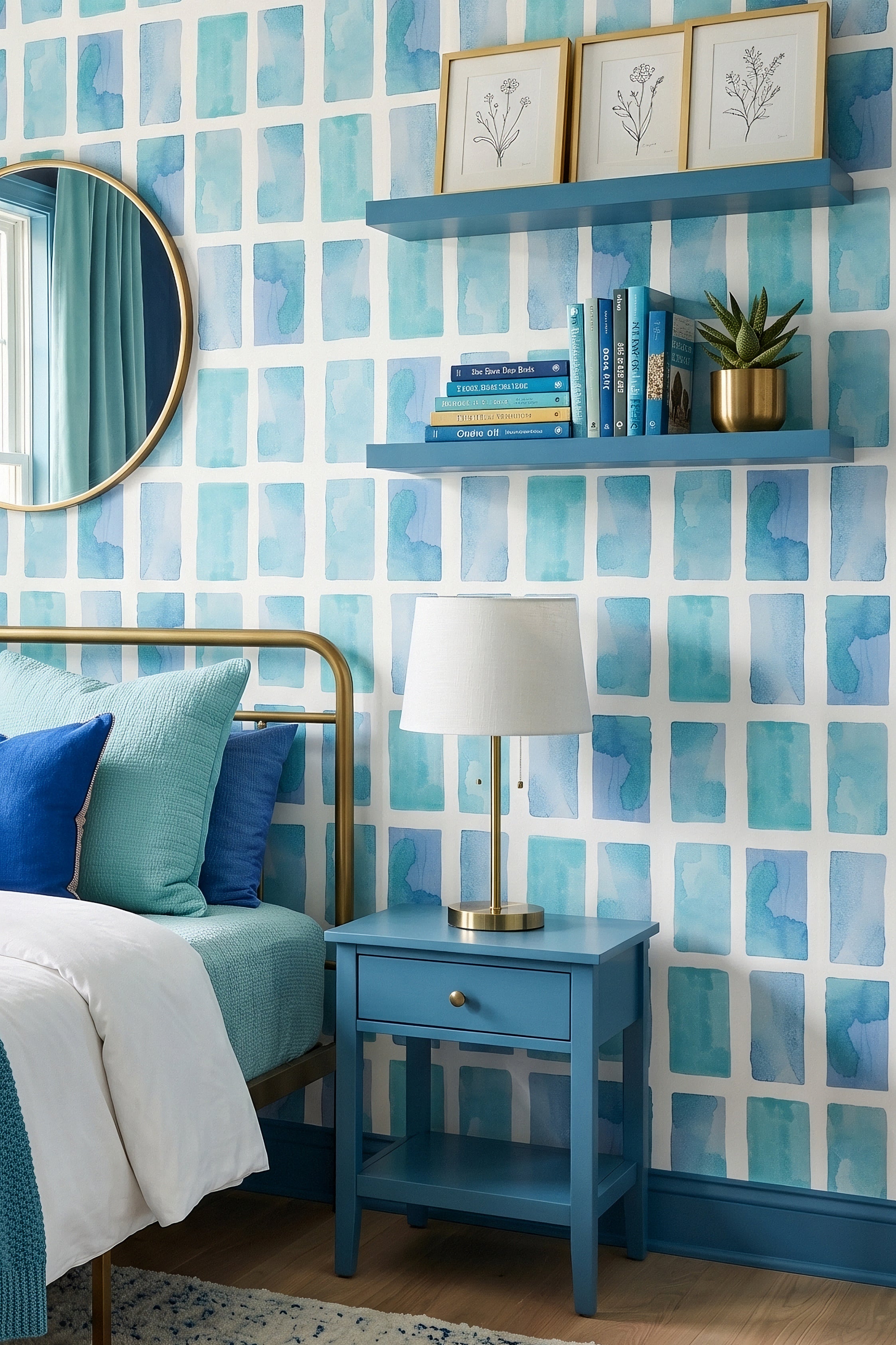 Mosaic Tide wallpaper shown in a bedroom