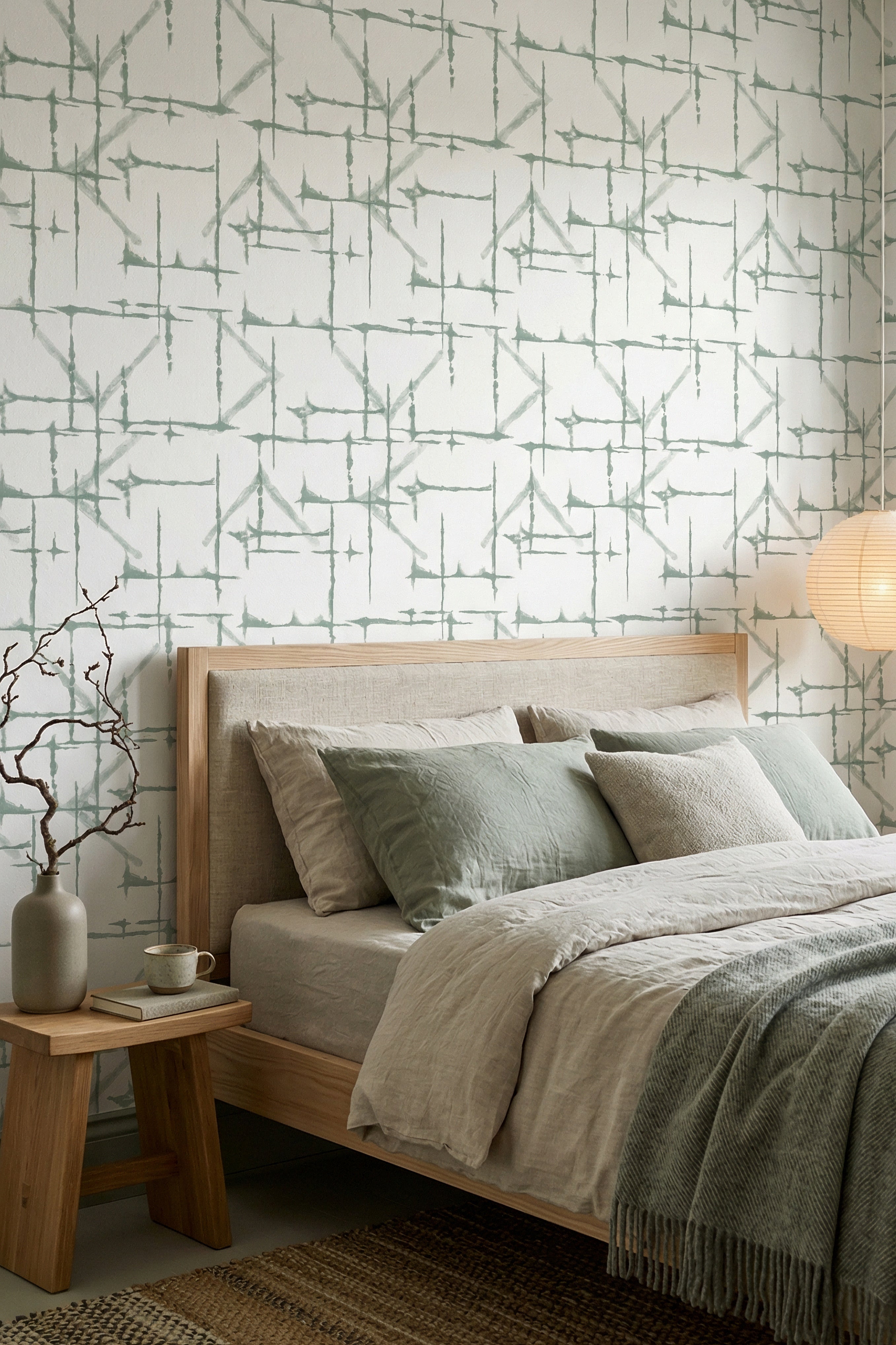 Kyoto Sage wallpaper shown in a bedroom