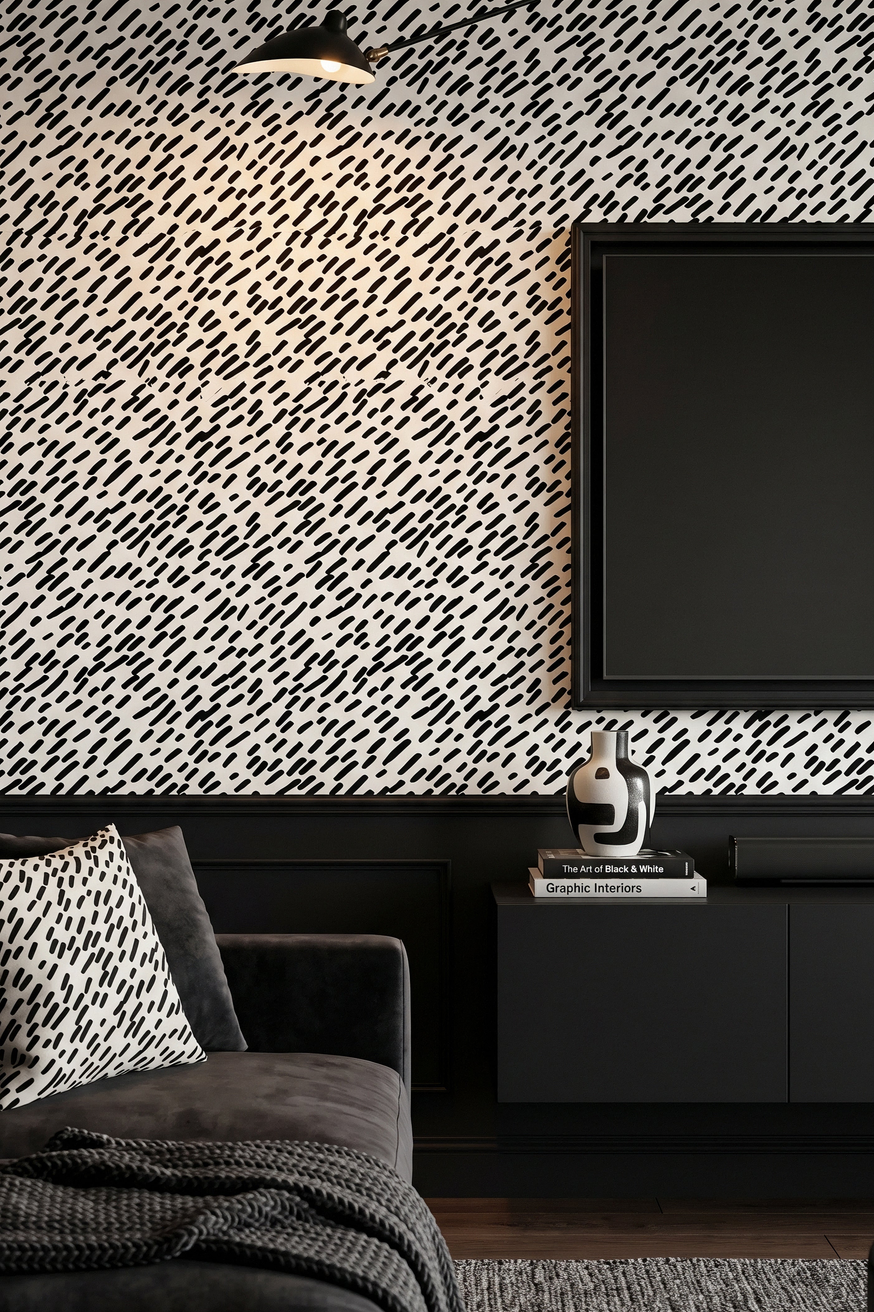 Brushstroke wallpaper shown in a media room