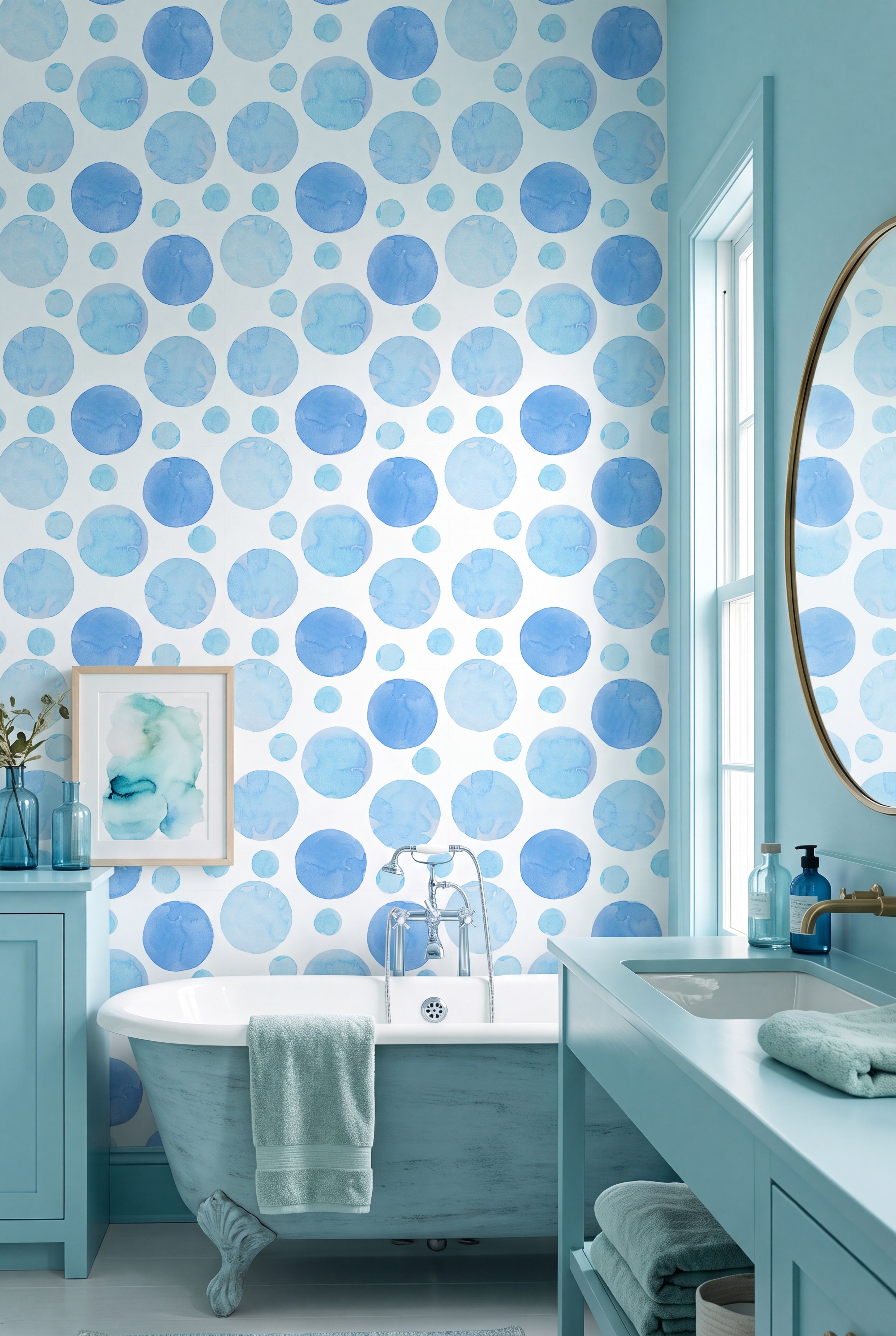 Aqua Dot wallpaper shown in a bathroom