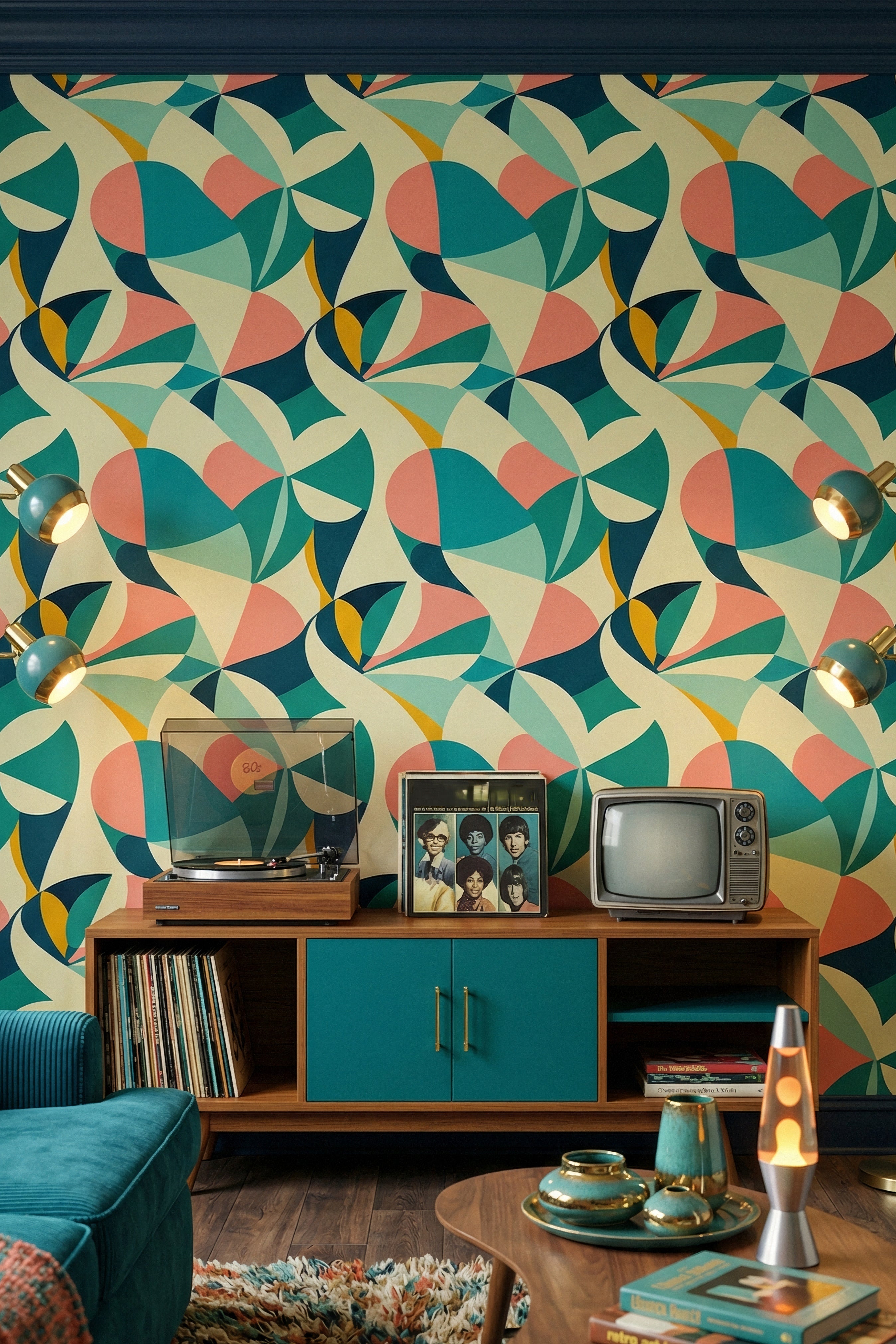 Mod Coral wallpaper shown in a media room