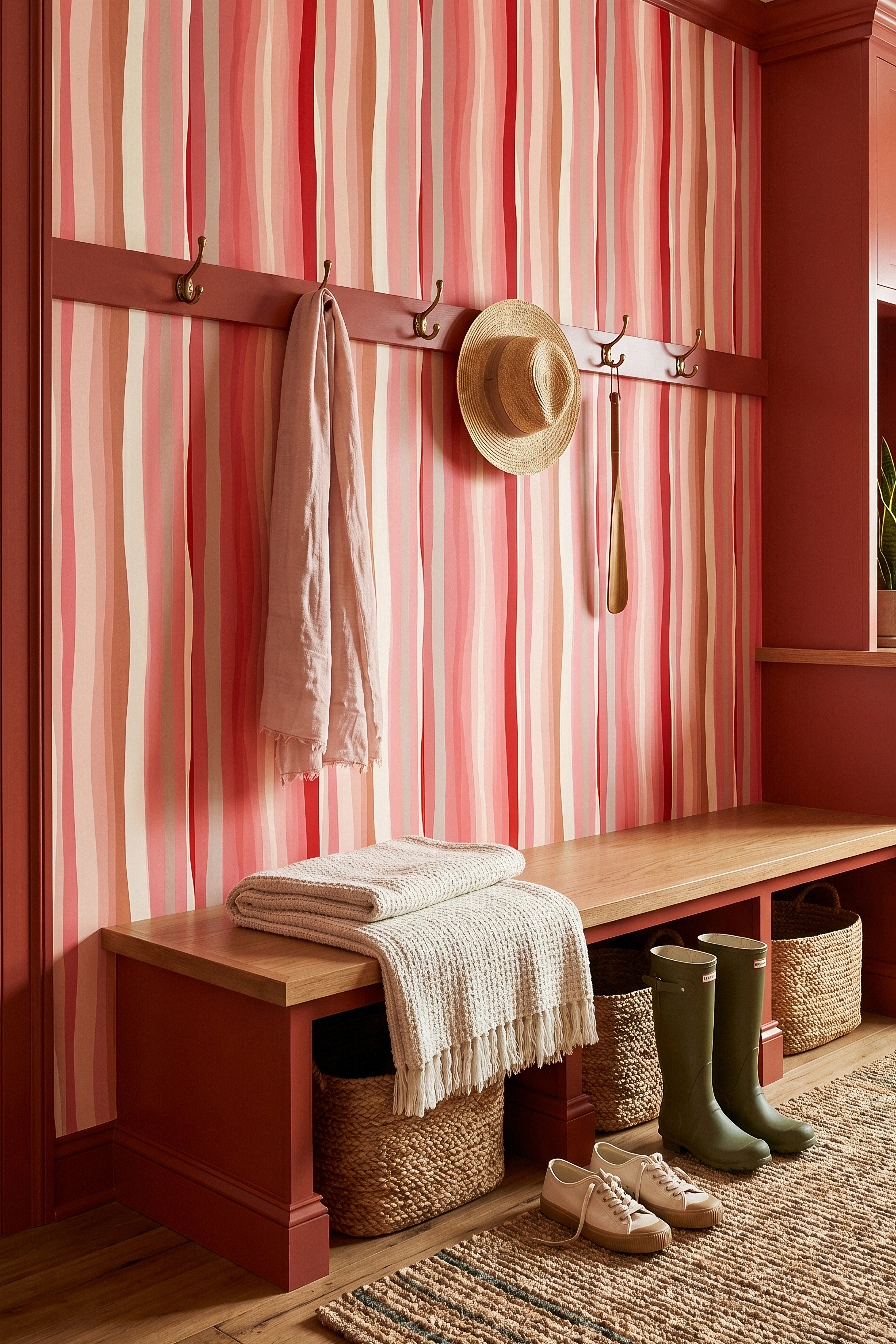 Pink Lemonade wallpaper shown in a mudroom