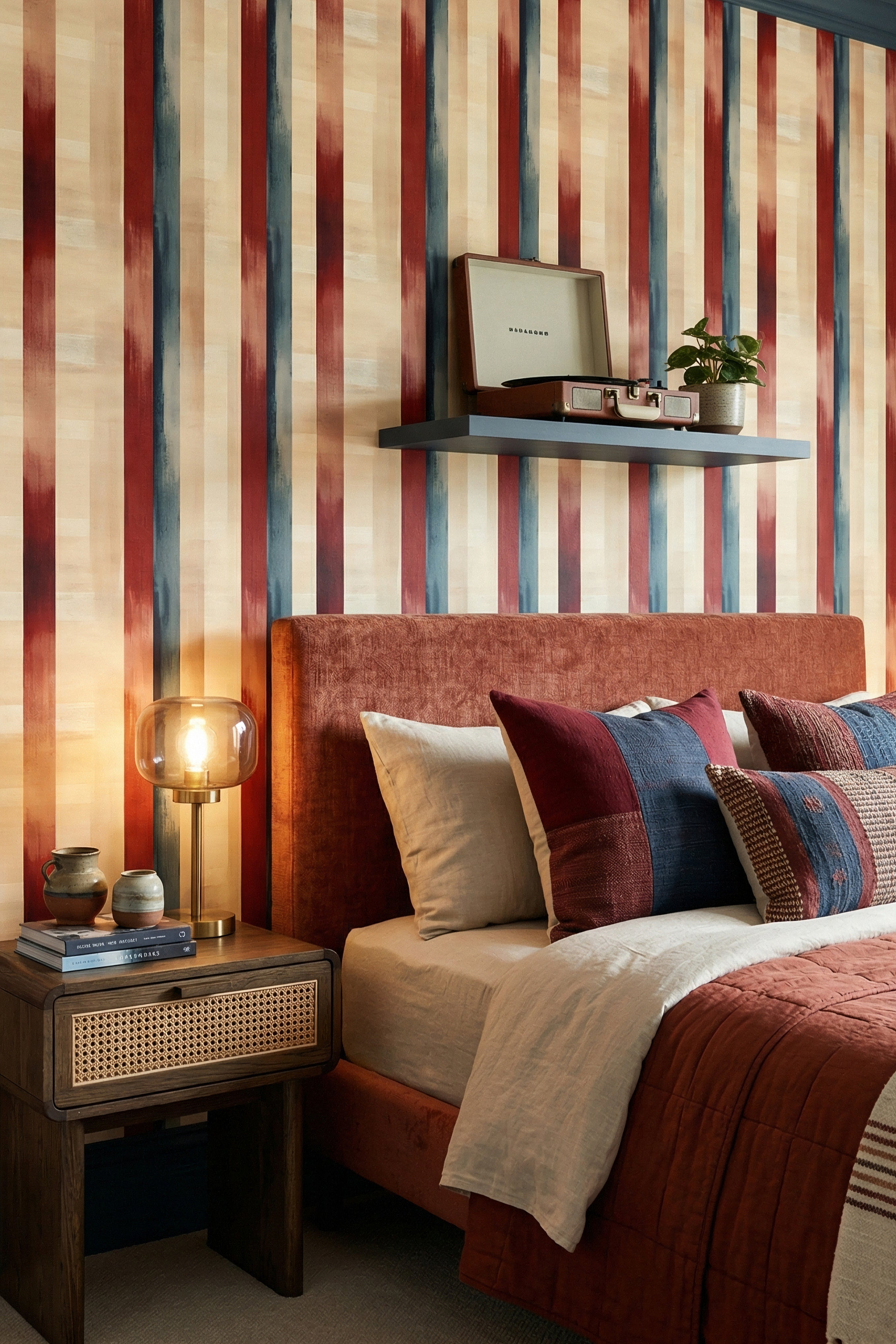 Canyon Stripe wallpaper shown in a bedroom