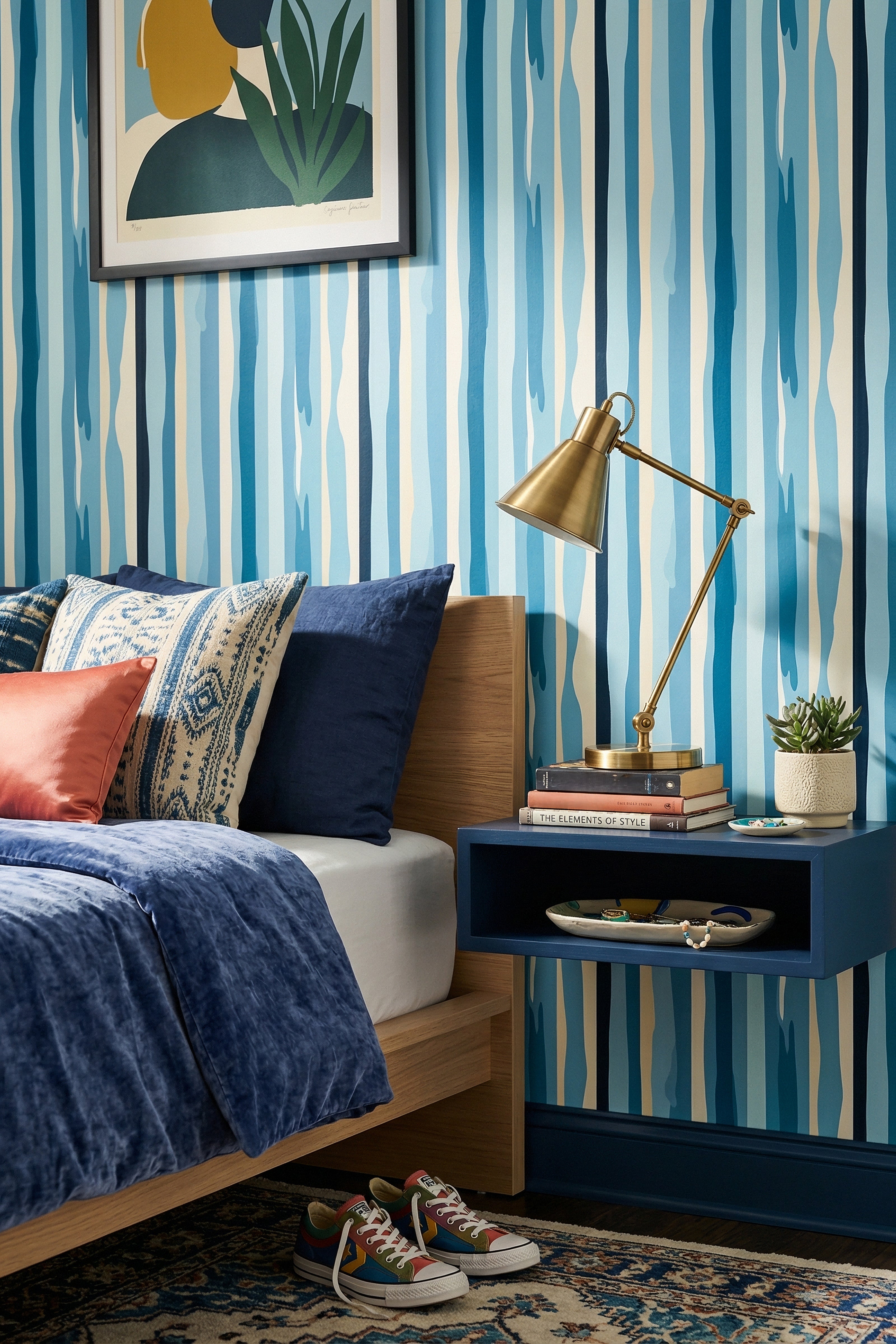 Cape Stripe wallpaper shown in a bedroom