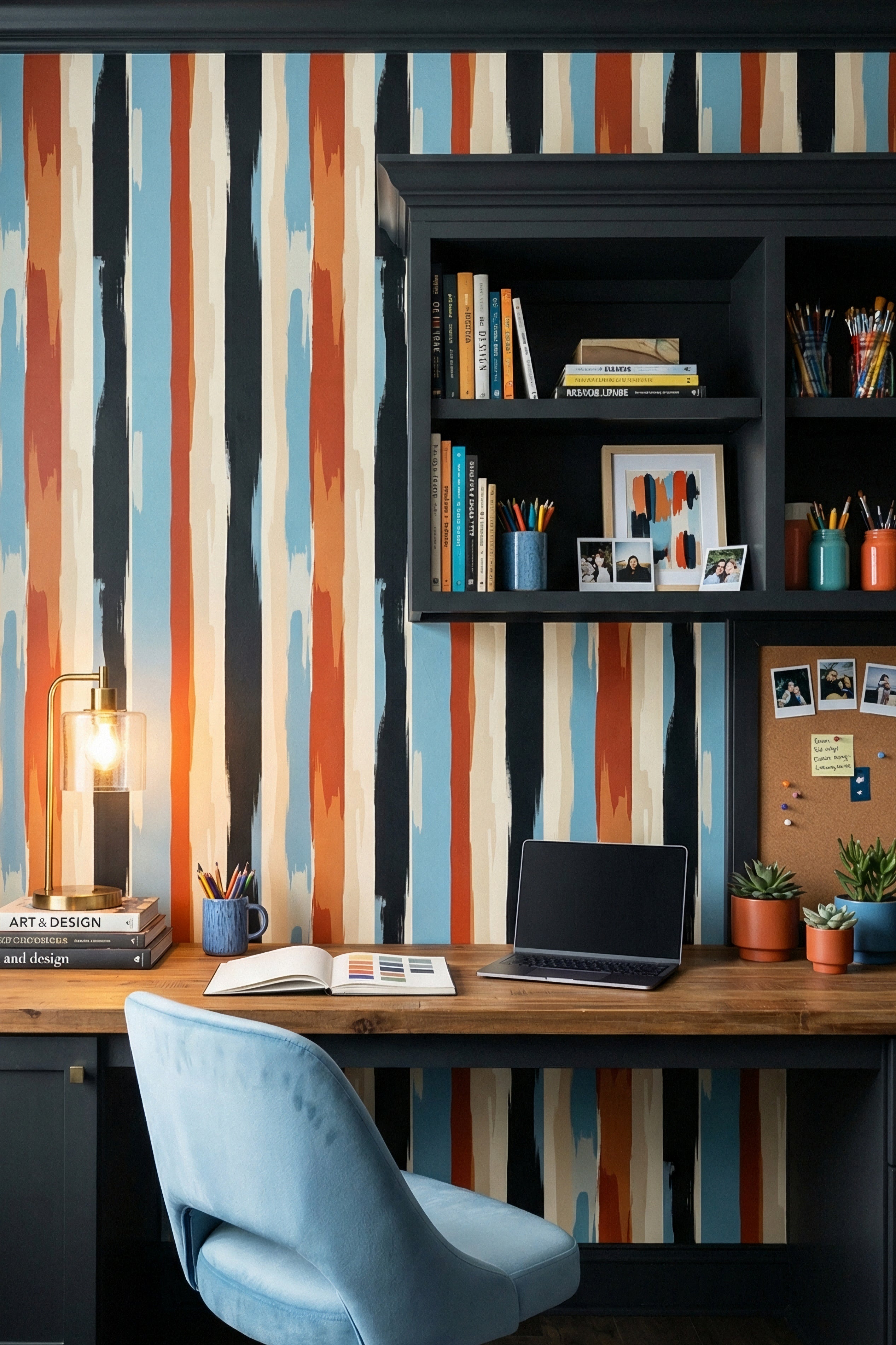 Painter's Stripe wallpaper shown in a home office